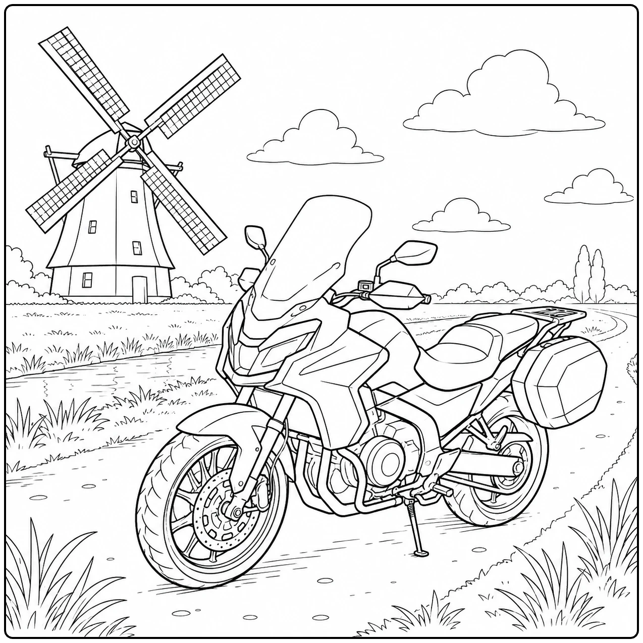 Grote toermotor geparkeerd langs een landweg met een traditionele windmolen
