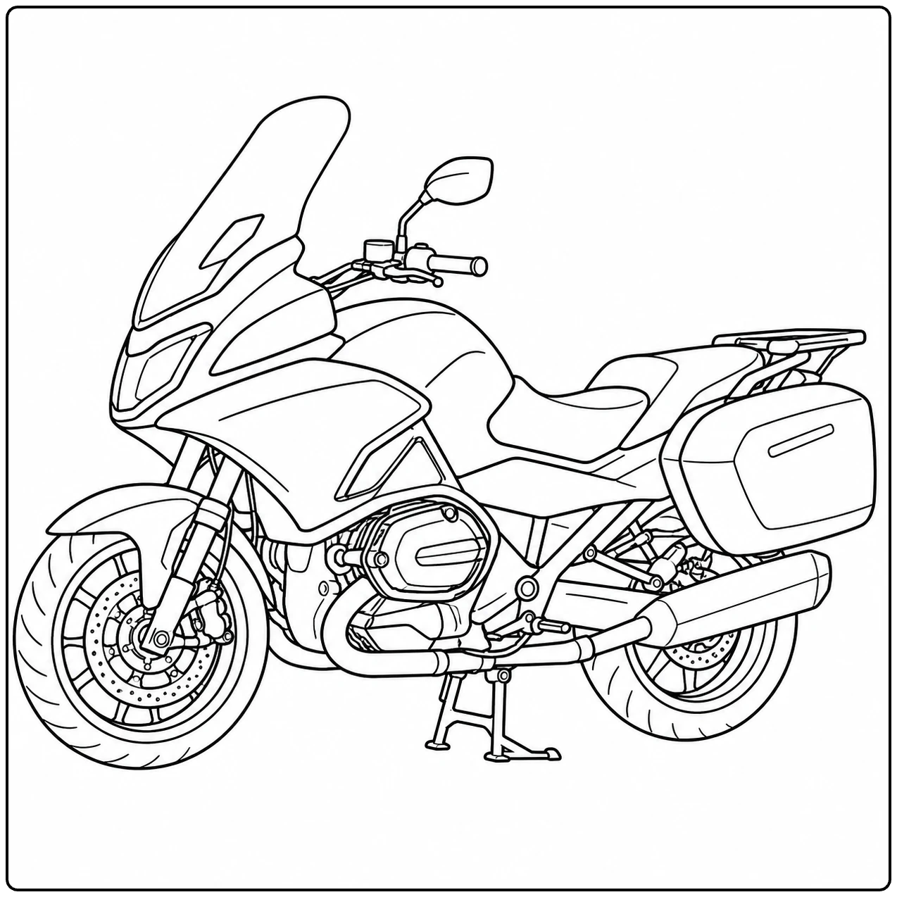 Toermotor met hoge ruit en zijkoffers als kleurplaat motor yamaha in zijaanzicht