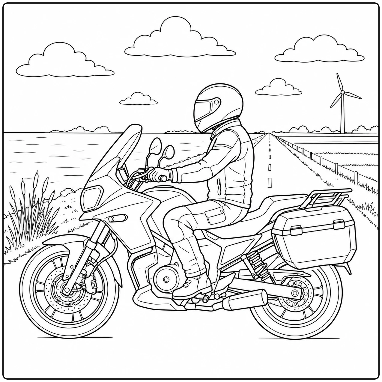 Motorrijder rijdt met een kleurplaat motor bmw over een rechte dijkweg langs water en een windturbine