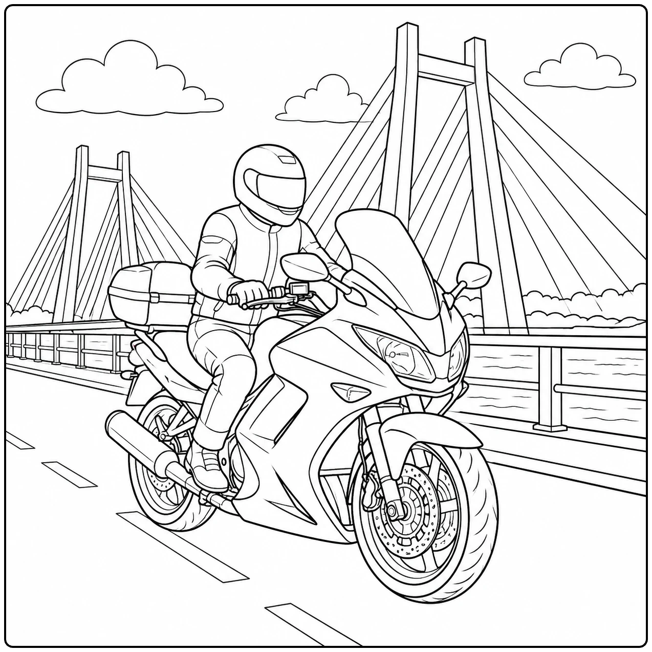 Motorrijder op een kleurplaat motor bmw rijdt over een brug met hoge kabels en wolken