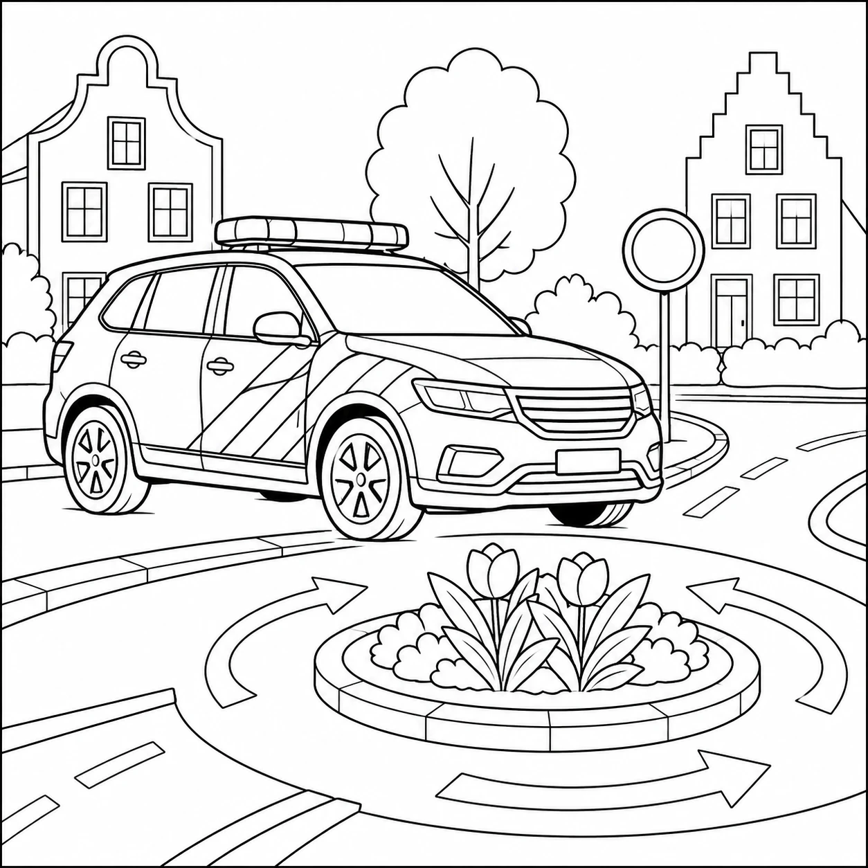 Politieauto houdt toezicht bij een rotonde met tulpen, pijlen en een leeg rond verkeersbord.