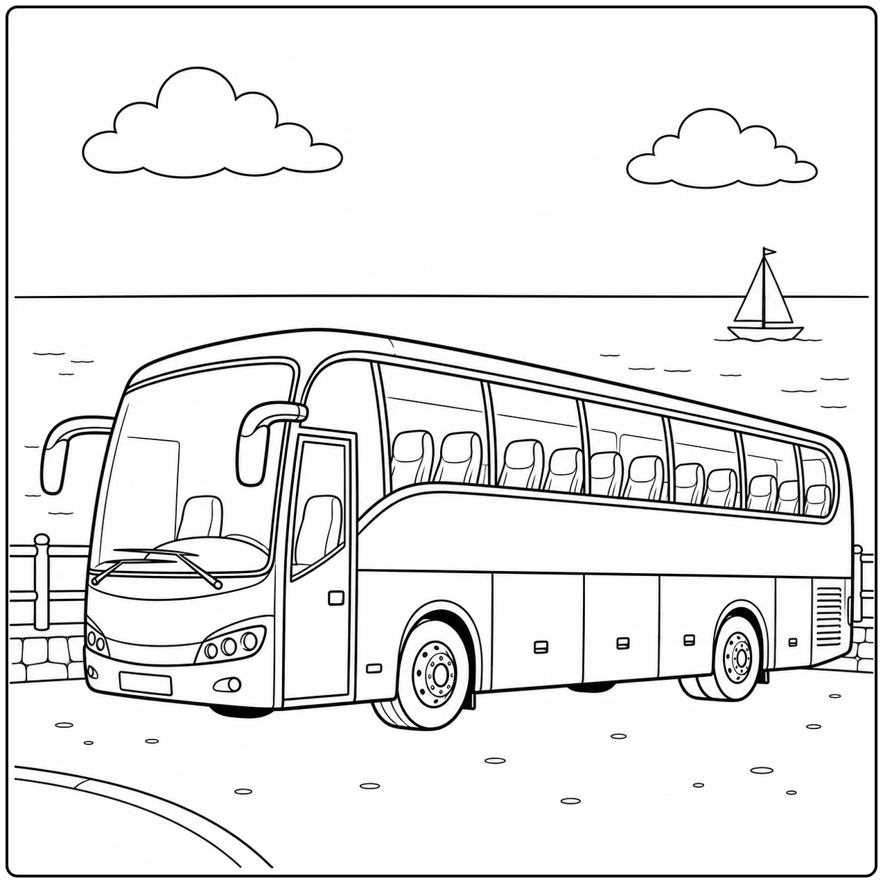 Een grote touringcar langs de weg in een kleurplaat bus, met wolken, een zeilboot en lantaarns in de verte