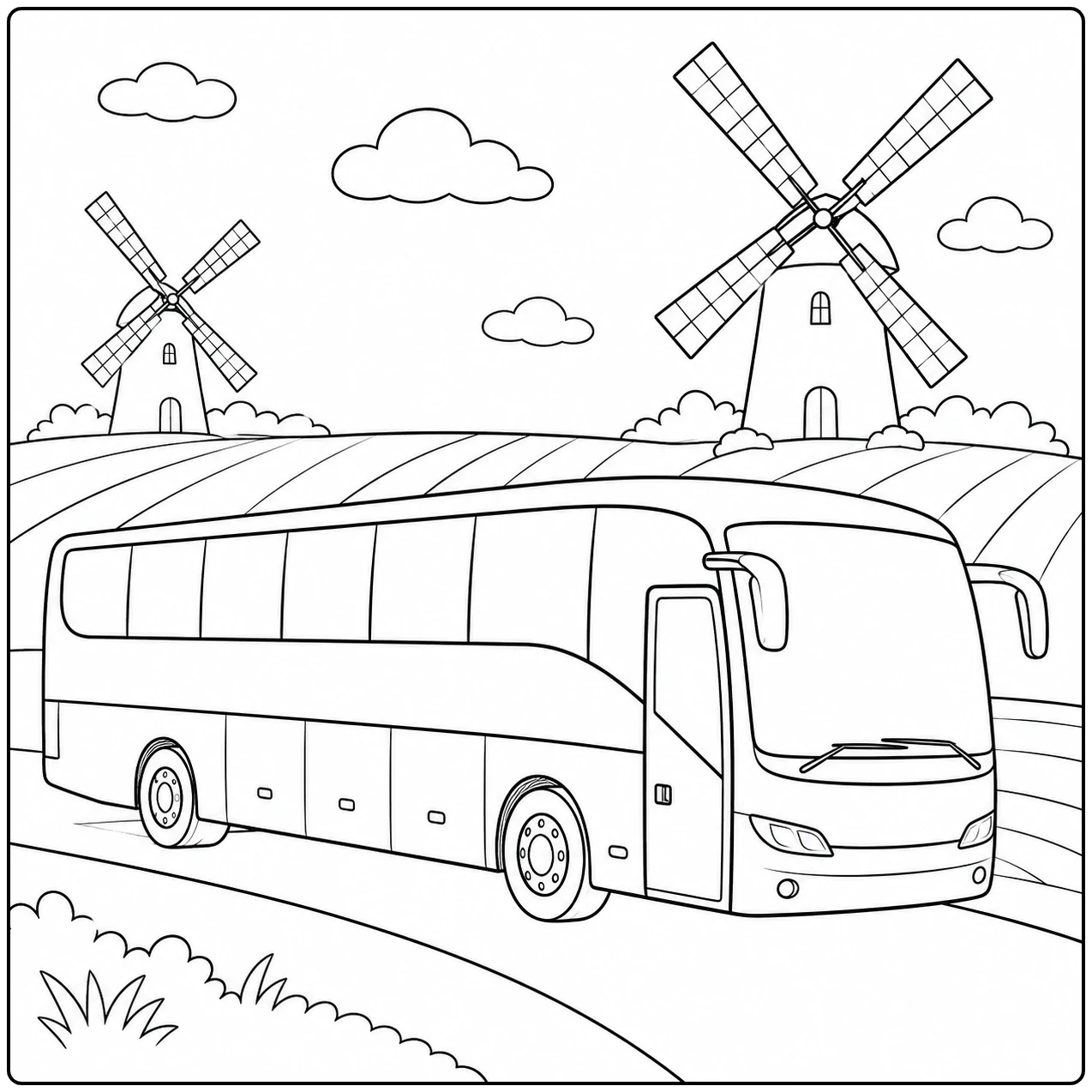 Touringcar rijdt over een bochtige landweg langs velden en twee windmolens, ideaal als kleurplaat bus