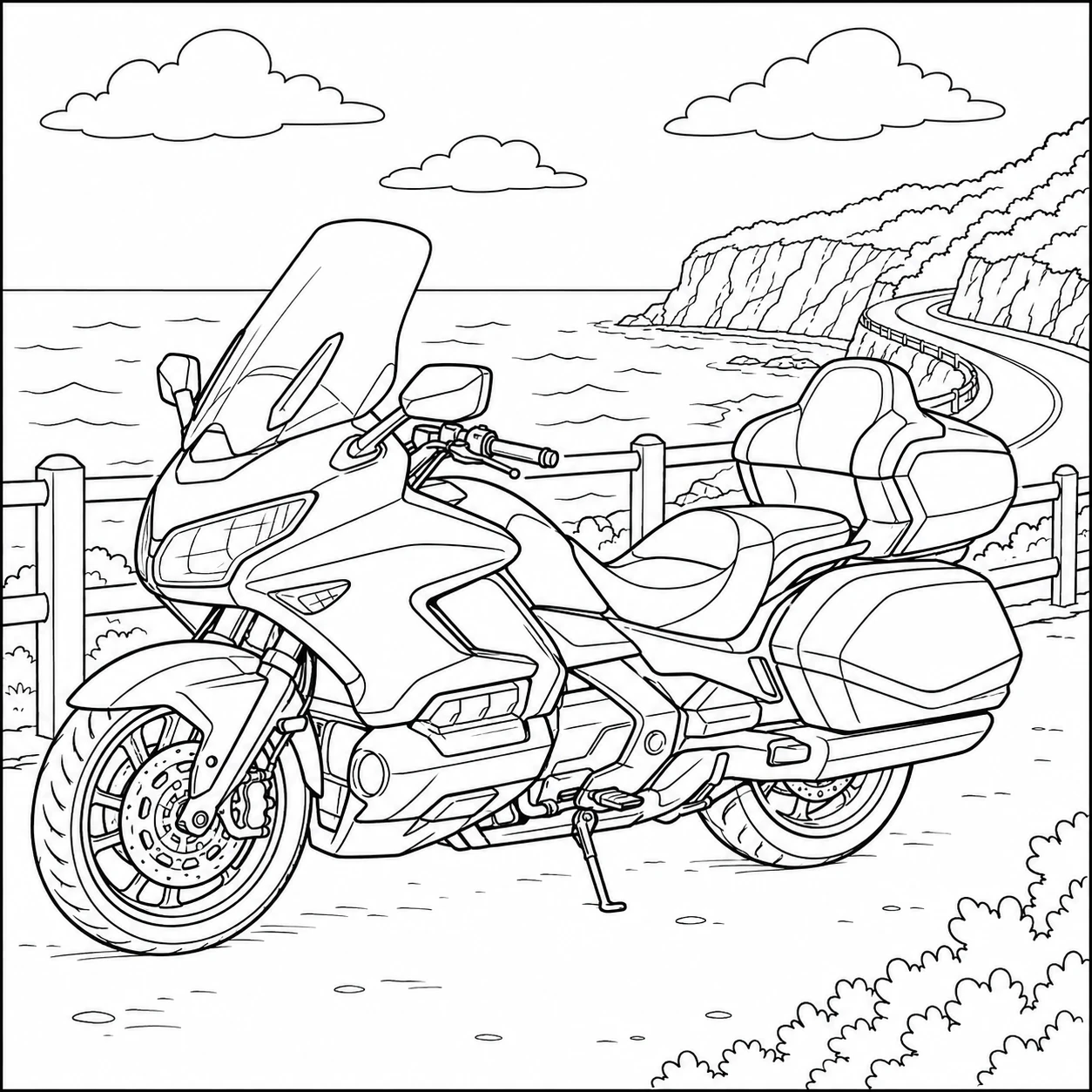 Touringmotor met koffers aan een kustweg, een rustige honda motor kleurplaat met zeezicht