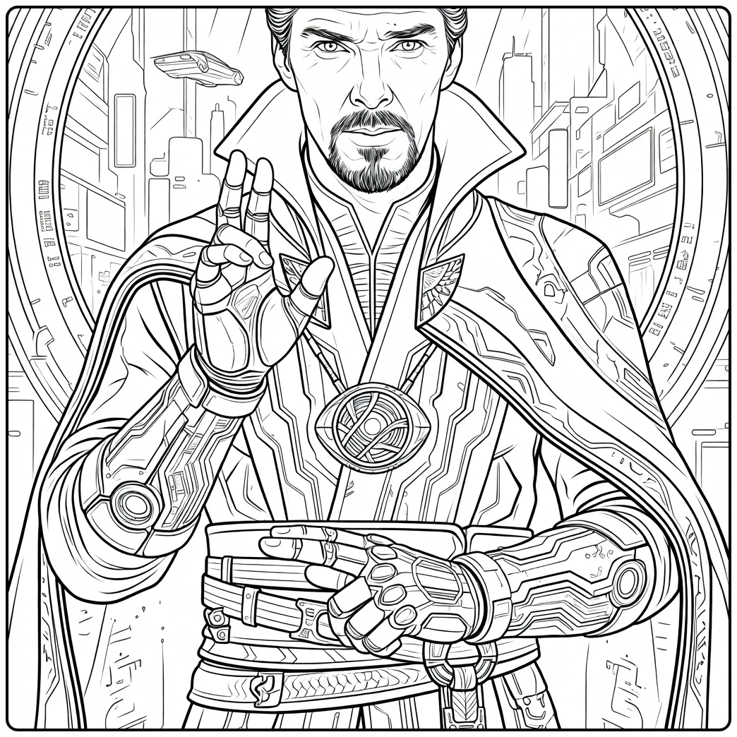 Doctor Strange Kleurplaat met een man met cape die zijn hand opsteekt voor futuristische gebouwen