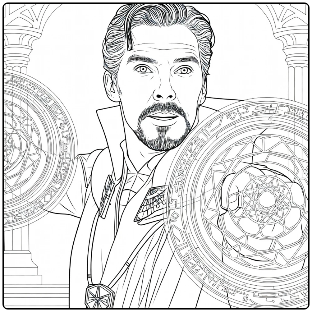 Doctor Strange Kleurplaat van een man met sik en mantel die een energiebol vasthoudt en magische cirkels om zich heen heeft