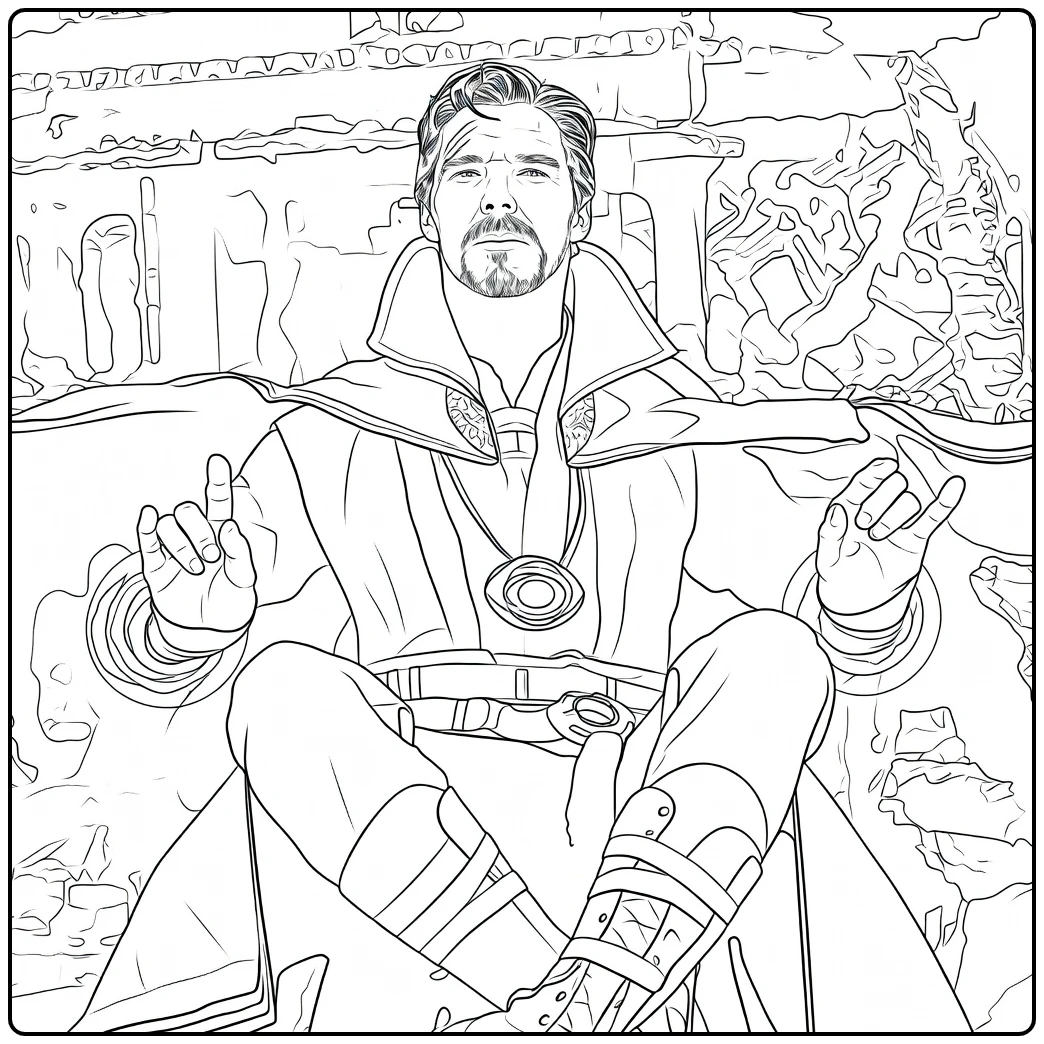 Mystieke man met baard en rode cape omringd door energieringen Doctor Strange Kleurplaat