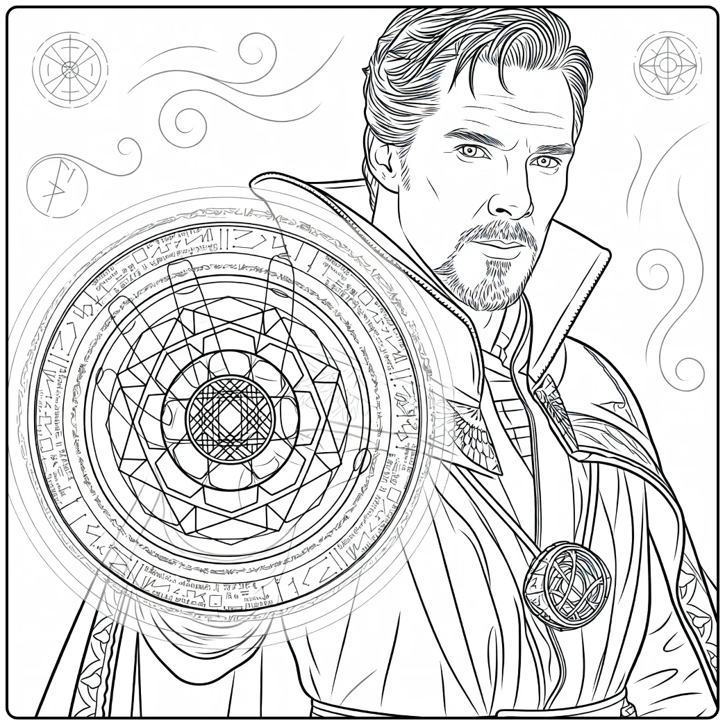 Doctor Strange Kleurplaat van een man met baard en mantel die zijn hand opheft met een magische cirkel