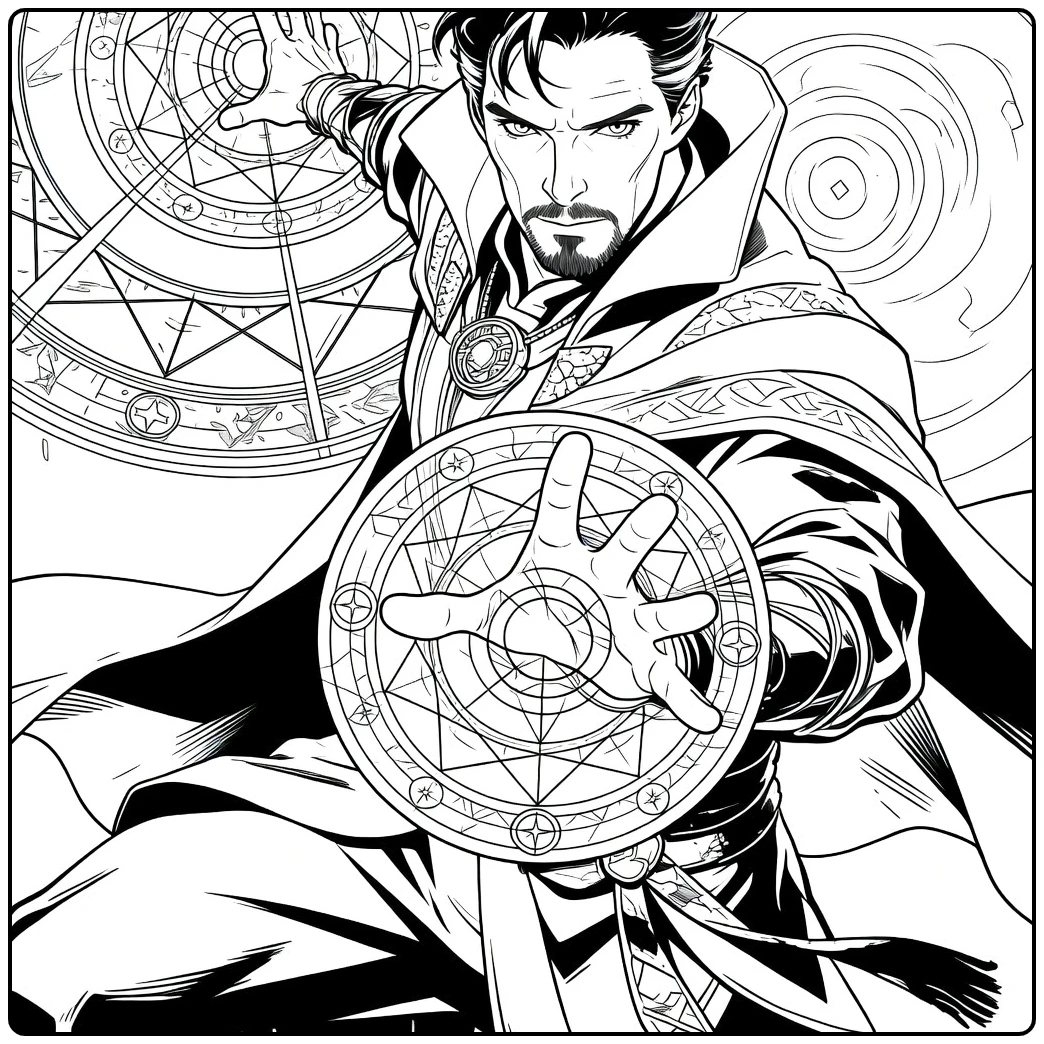 Doctor Strange Kleurplaat van een tovenaar met sik in vloeiende mantel die een magische pose aanneemt met cirkels