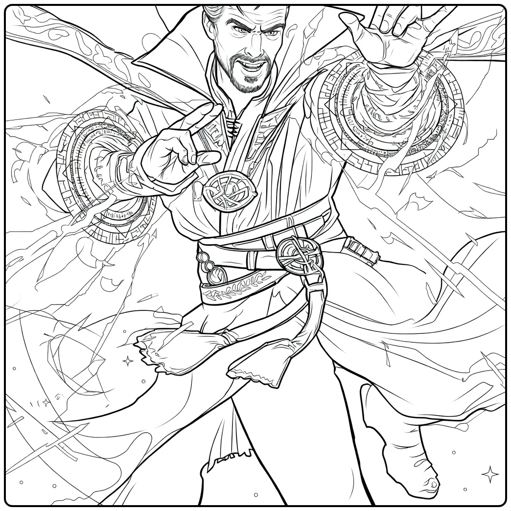 Machtige tovenaar met grijzend haar en rode cape in dynamische pose Doctor Strange Kleurplaat
