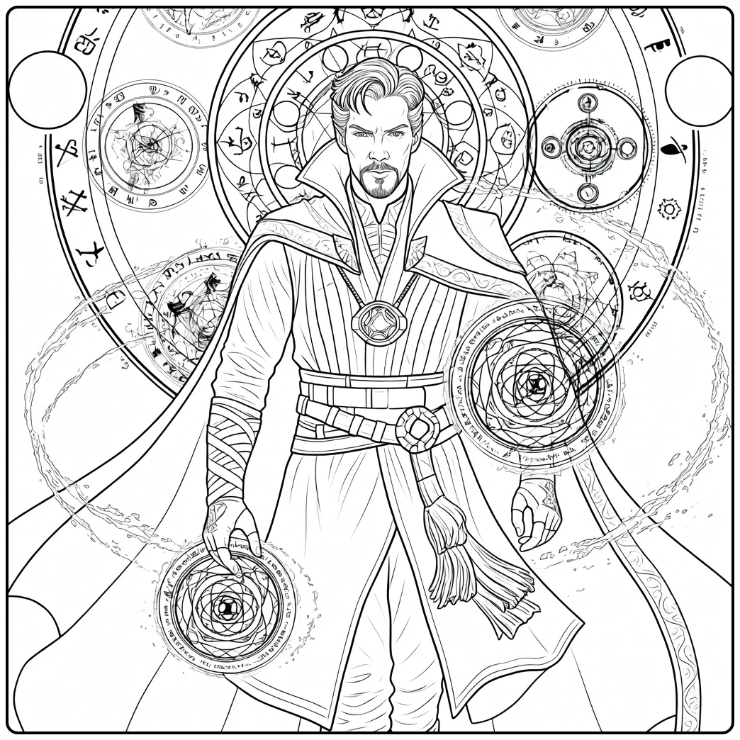 Middelbare tovenaar met grijze haren en sik die magische cirkels oproept Doctor Strange Kleurplaat