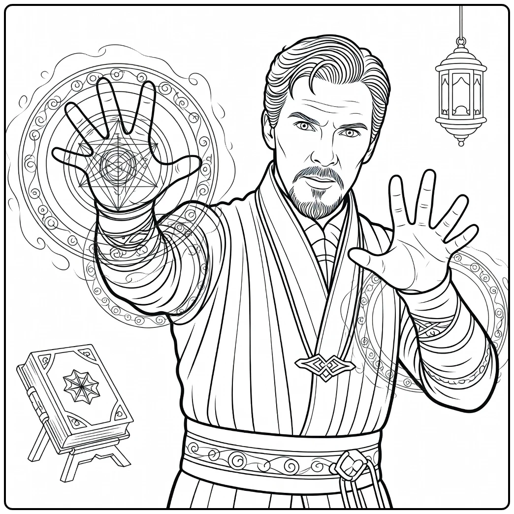Doctor Strange Kleurplaat met een tovenaar die magische energie werpt vanuit zijn uitgestrekte handen