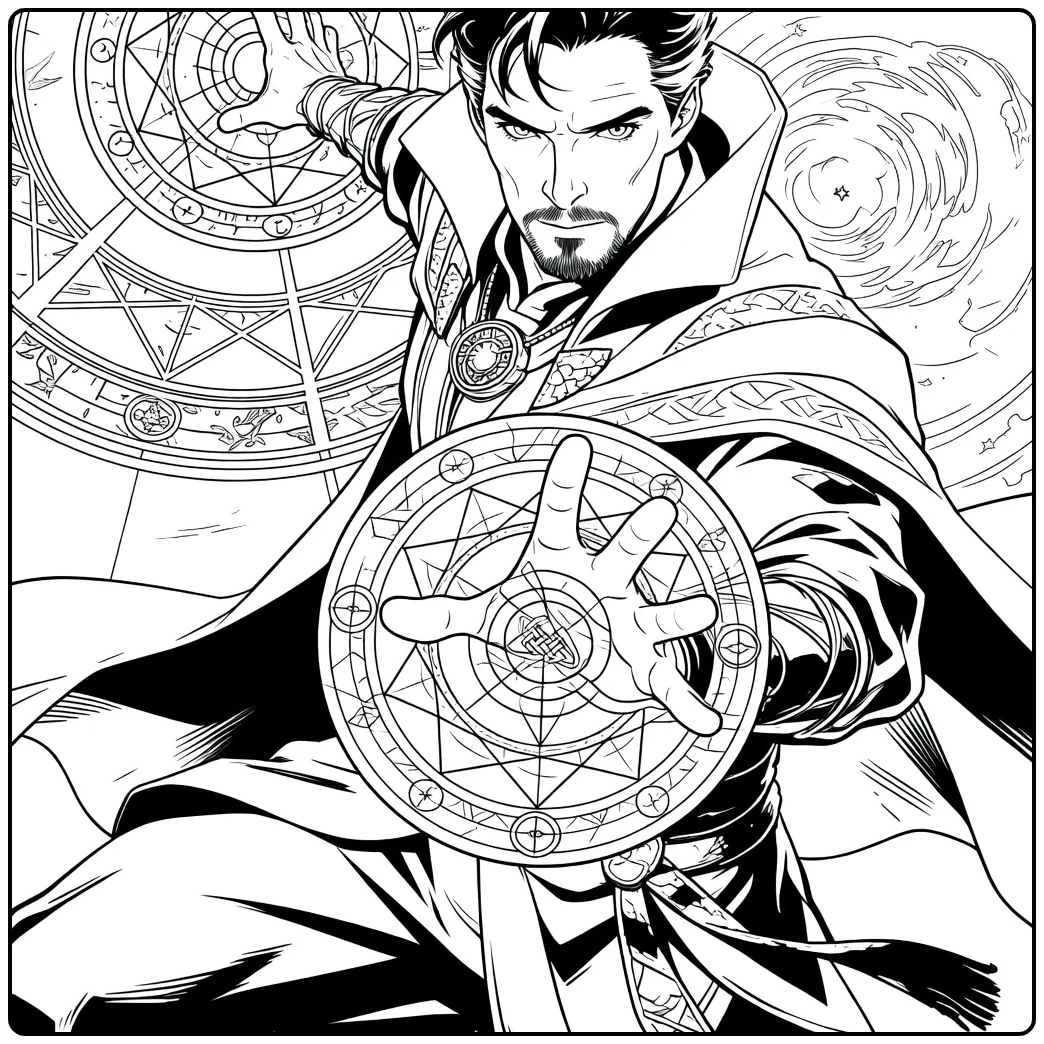 Doctor Strange Kleurplaat met een tovenaar in cape en dynamische pose omringd door magische symbolen