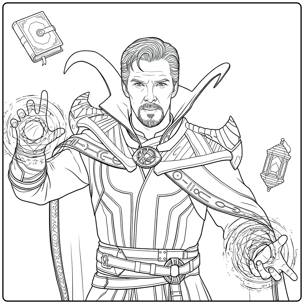Doctor Strange Kleurplaat met een man met grijze haren en sik die zijn armen opheft