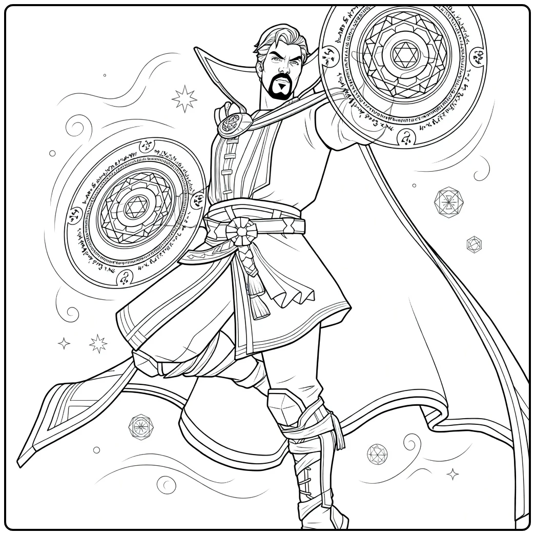 Doctor Strange Kleurplaat met een volwassen tovenaar in dynamische pose met opgeheven knie, cape en magische cirkels