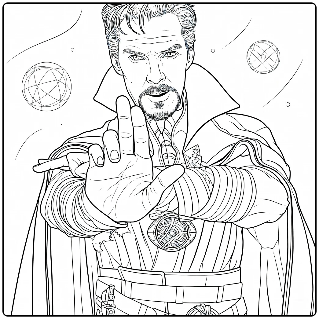 Doctor Strange Kleurplaat van een man met grijze strepen in het haar, een sik en een wijde mantel die zijn hand naar voren steekt met een medaillon in de andere hand