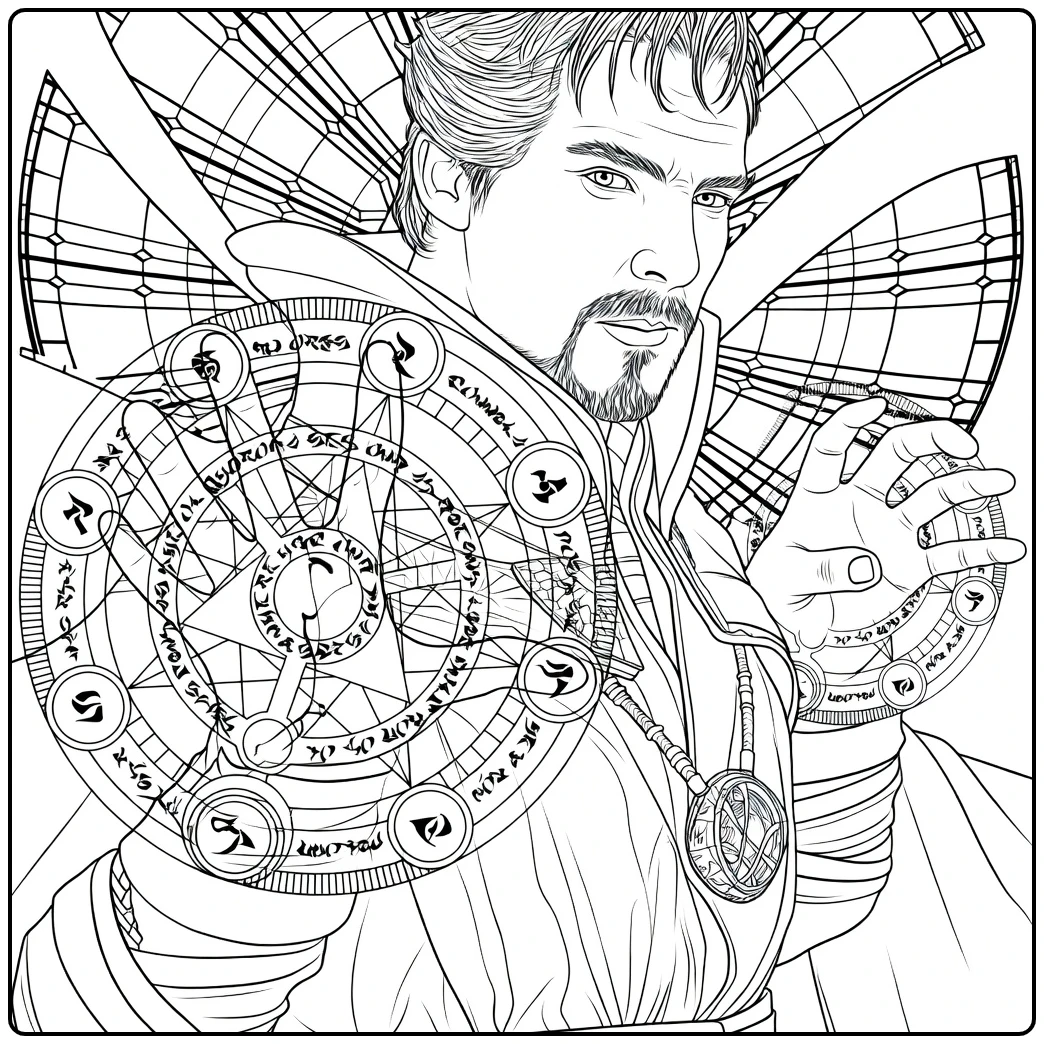 Doctor Strange Kleurplaat van een tovenaar met sik en achterovergekamd haar die met beide handen magie gebruikt