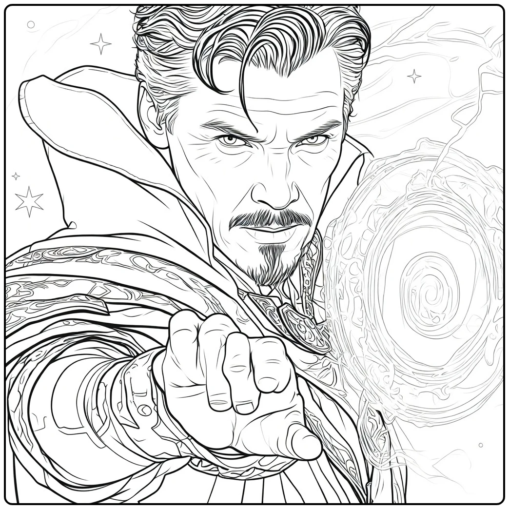 Doctor Strange Kleurplaat van een tovenaar met zout-en-peper haar en sik die energie werpt