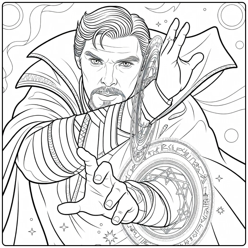 Doctor Strange Kleurplaat met een tovenaar die voorover leunt en magische energie werpt met uitgestrekte handen