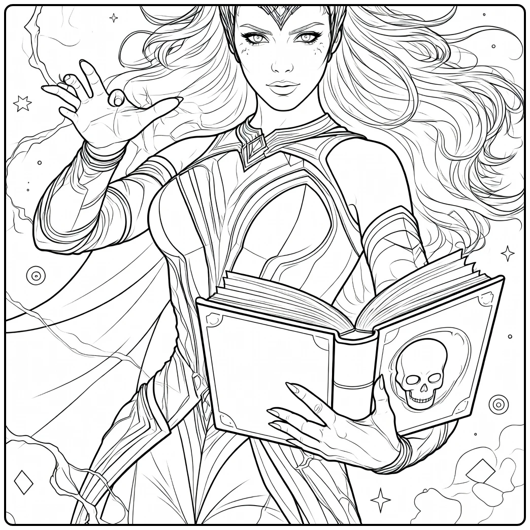 Scarlet Witch Kleurplaat met een vrouwelijke figuur die een open boek vasthoudt en energie om zich heen heeft