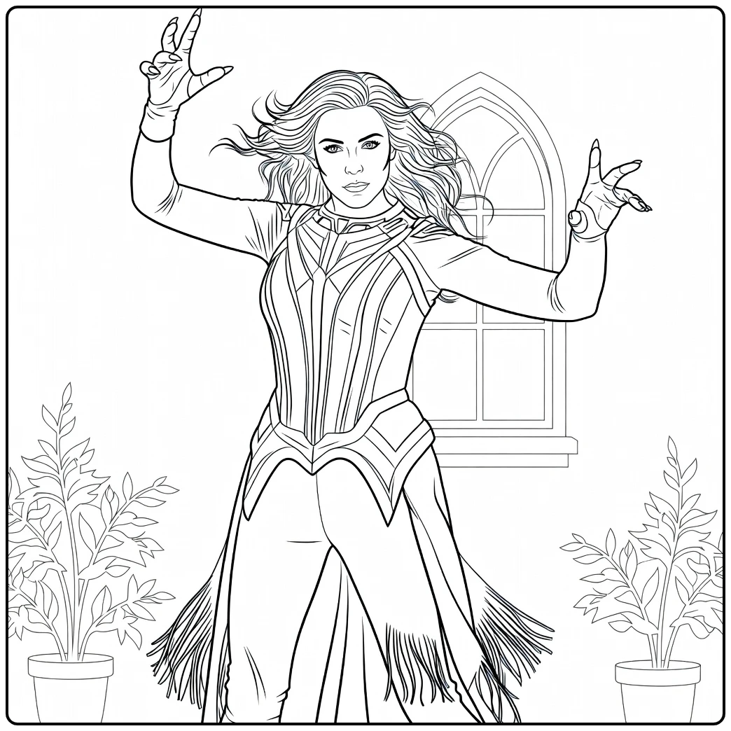 Scarlet Witch Kleurplaat van een vrouw met lang golvend haar en opgeheven armen in dynamische pose