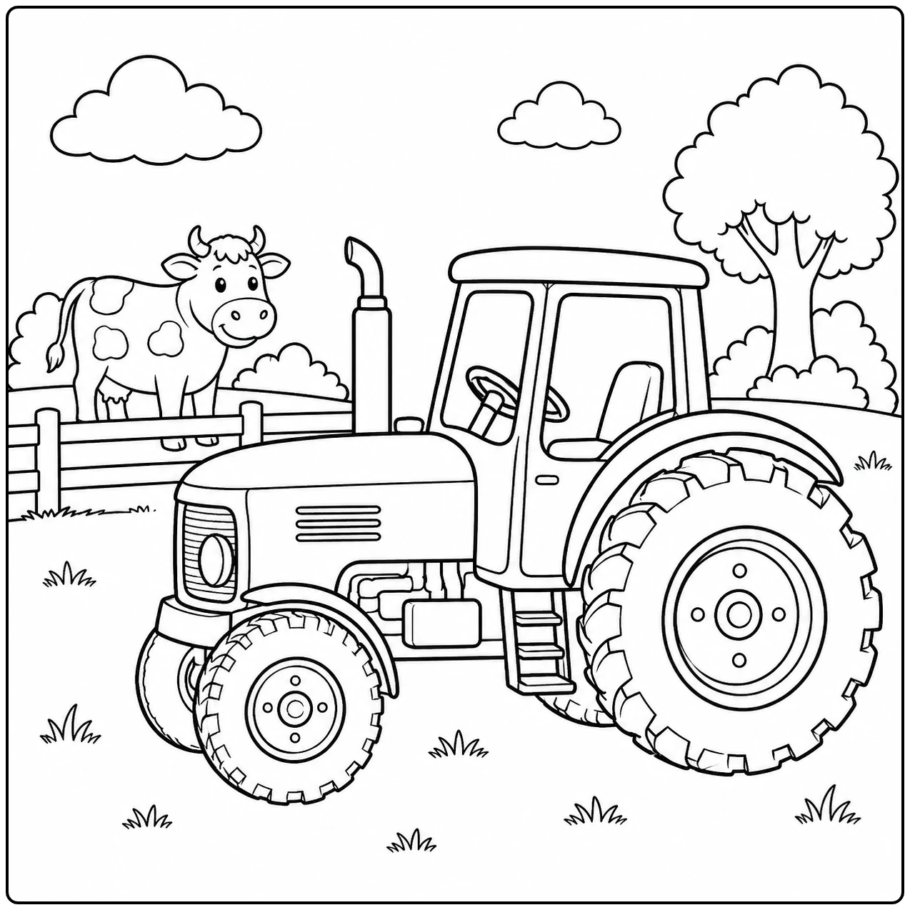 Tractor op de boerderij met een koe achter het hek en een grote boom op de achtergrond