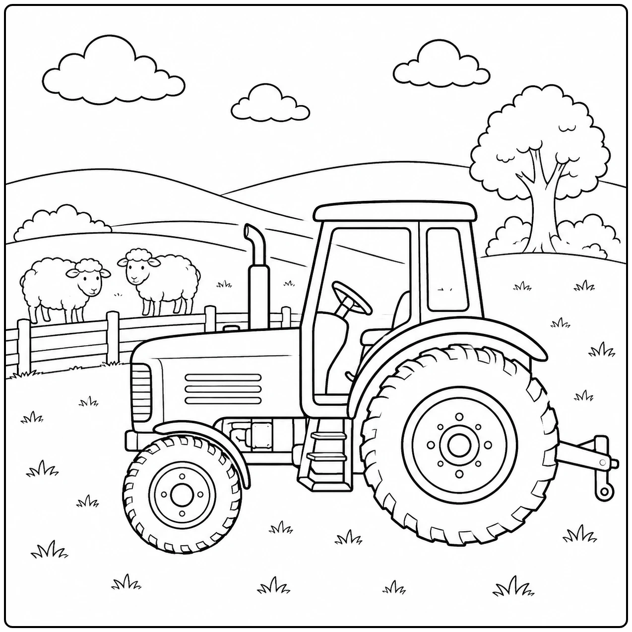 Tractor staat in een weiland met schapen achter een hek, zachte heuvels en een boom in de verte