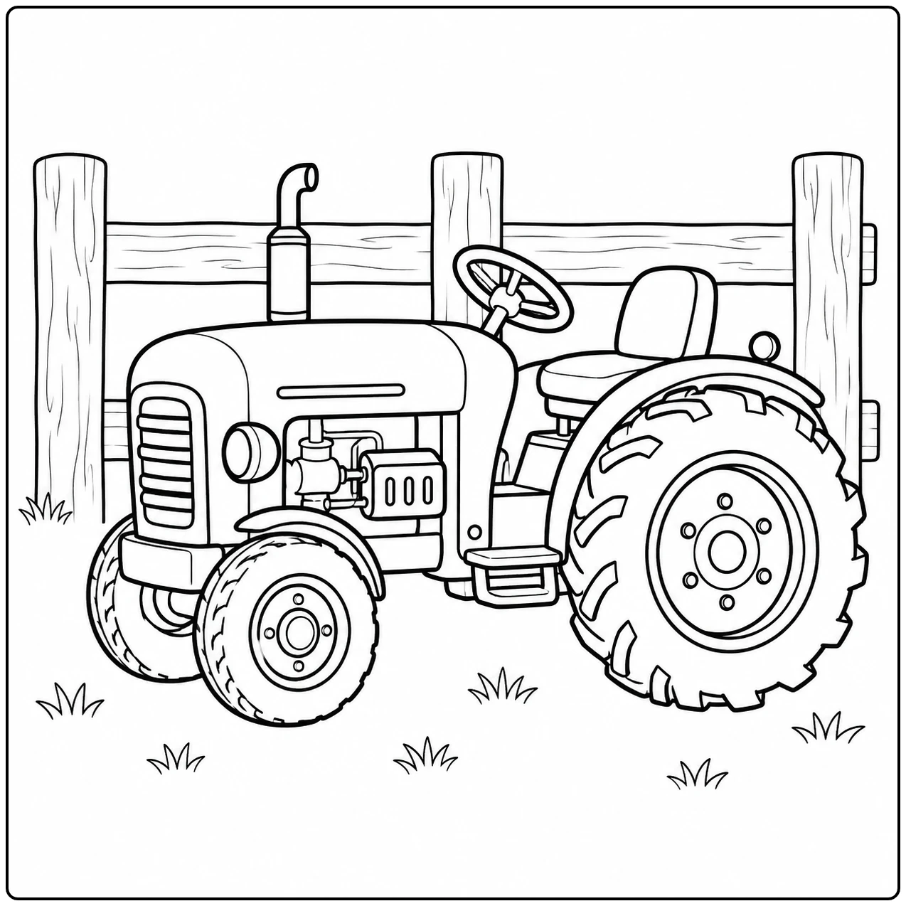 Tractor in driekwartaanzicht op gras, met houten hek op de achtergrond en stevige profielbanden
