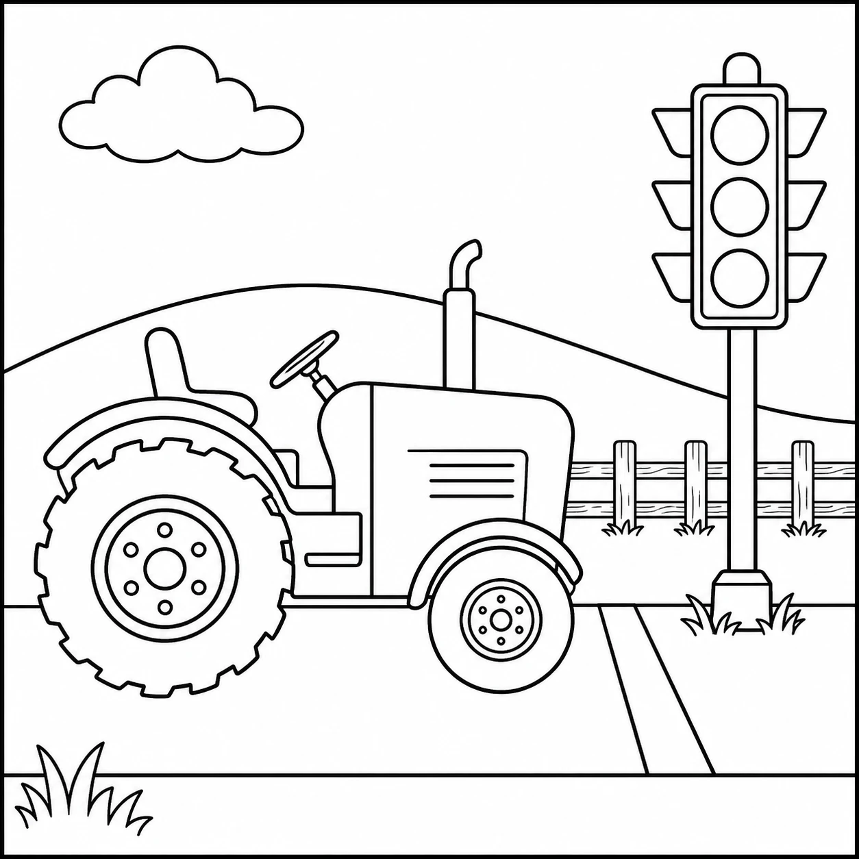 Tractor wacht bij een verkeerslicht op een landelijke weg met hekwerk en gras