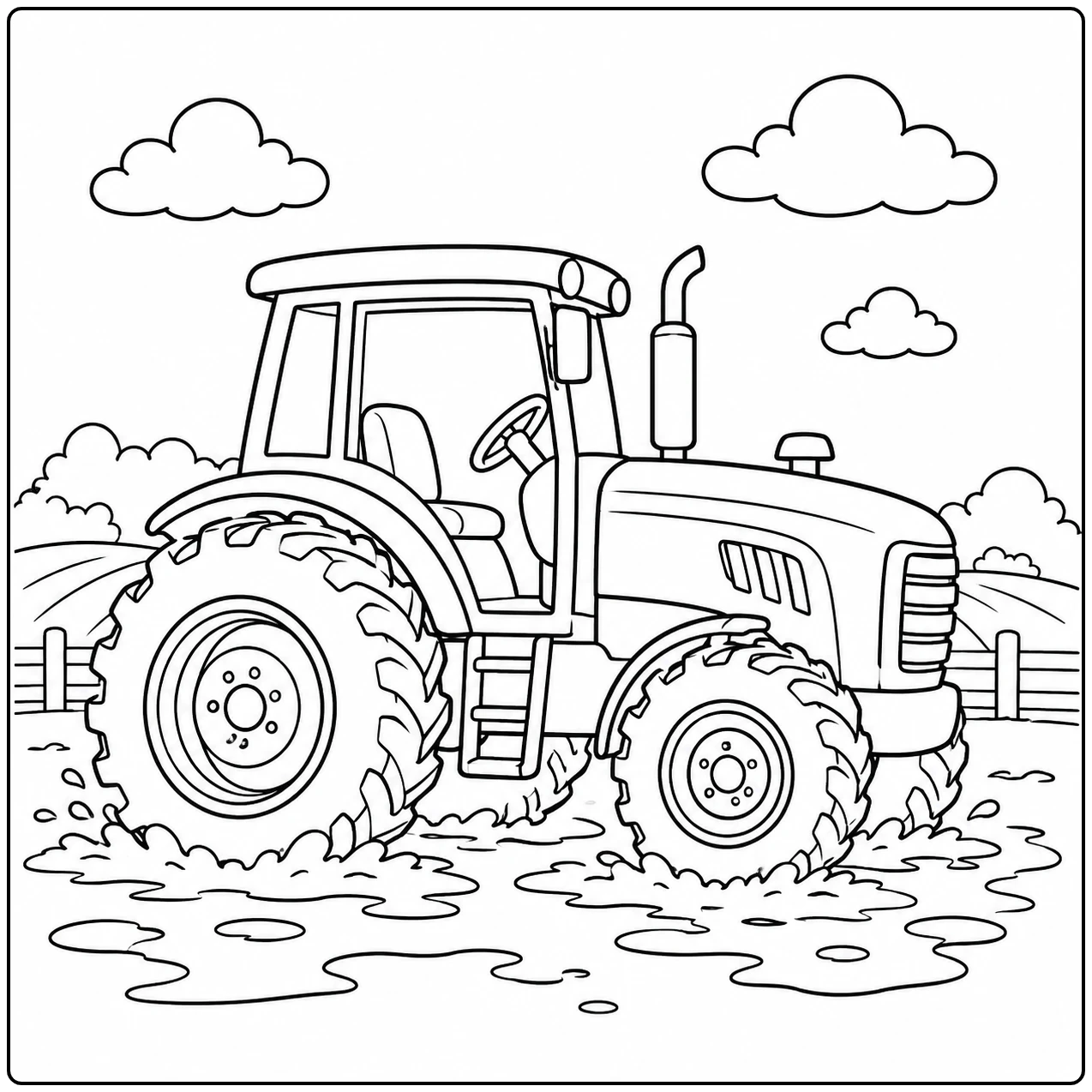 Een tractor rijdt door modder en plassen, centraal afgebeeld als Werkende trekker kleurplaat