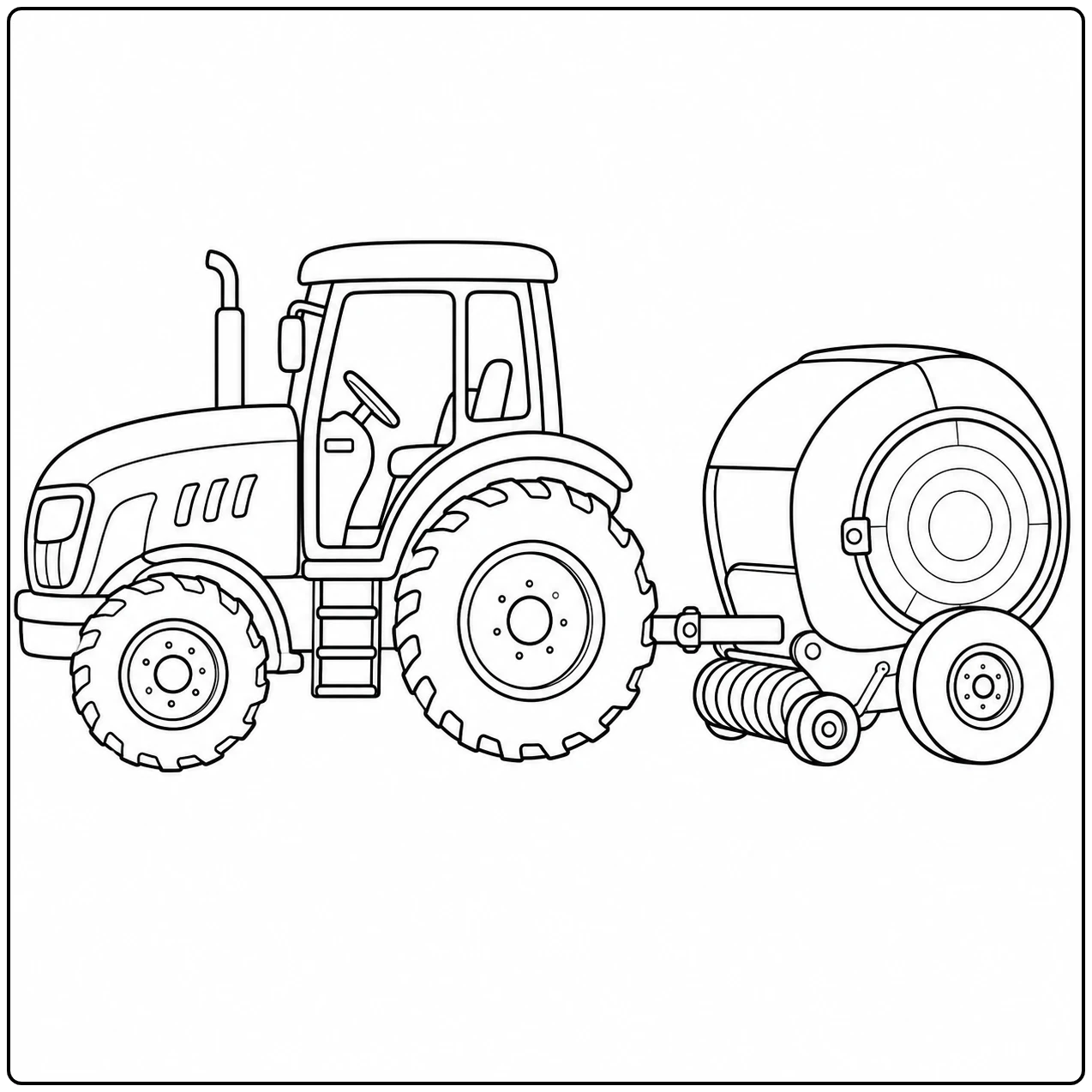 Landbouwtractor gekoppeld aan een ronde balenpers met grote rolkamer en klein steunwiel