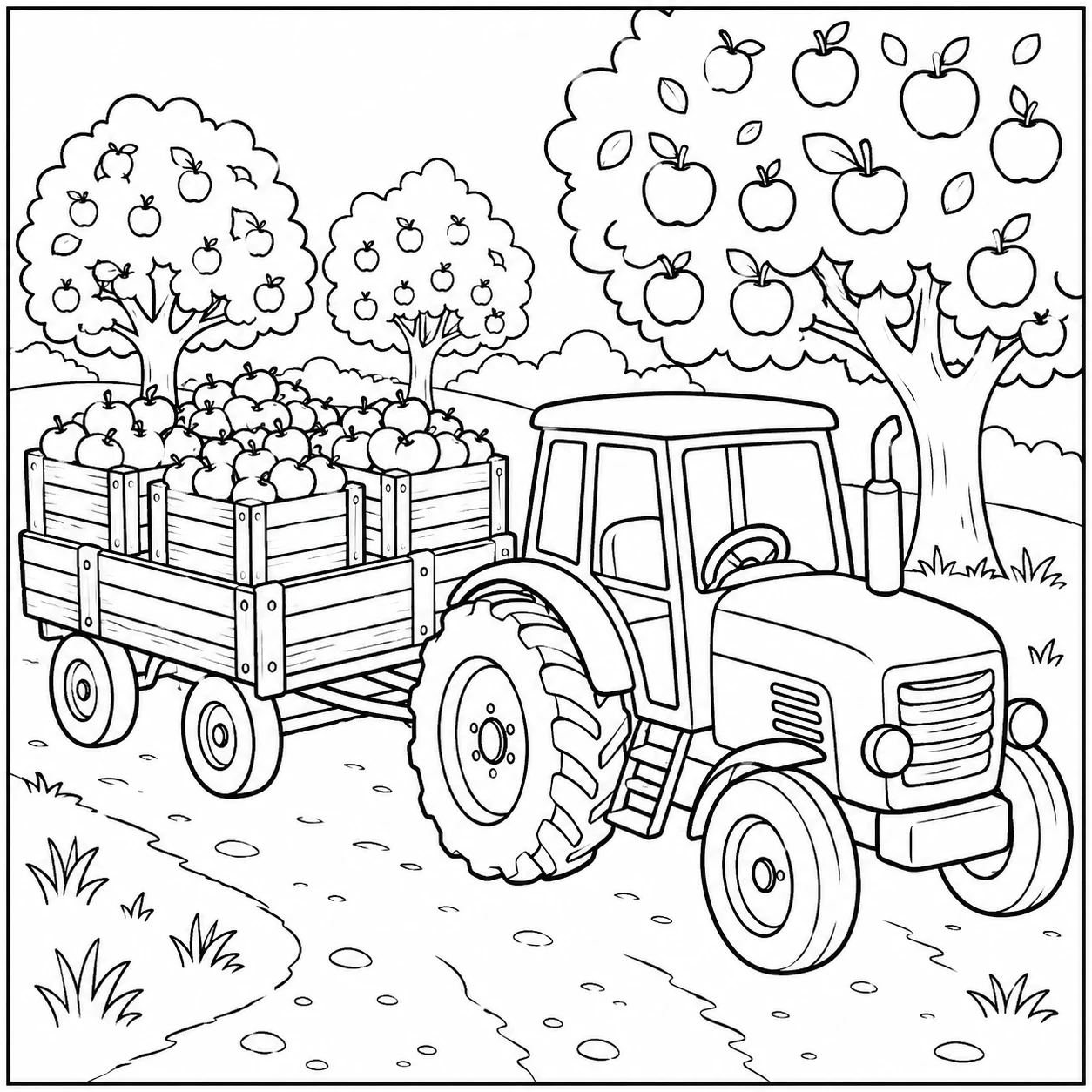 Kleurplaat tractor met aanhanger waarbij een tractor door een appelboomgaard rijdt met een volle laadbak