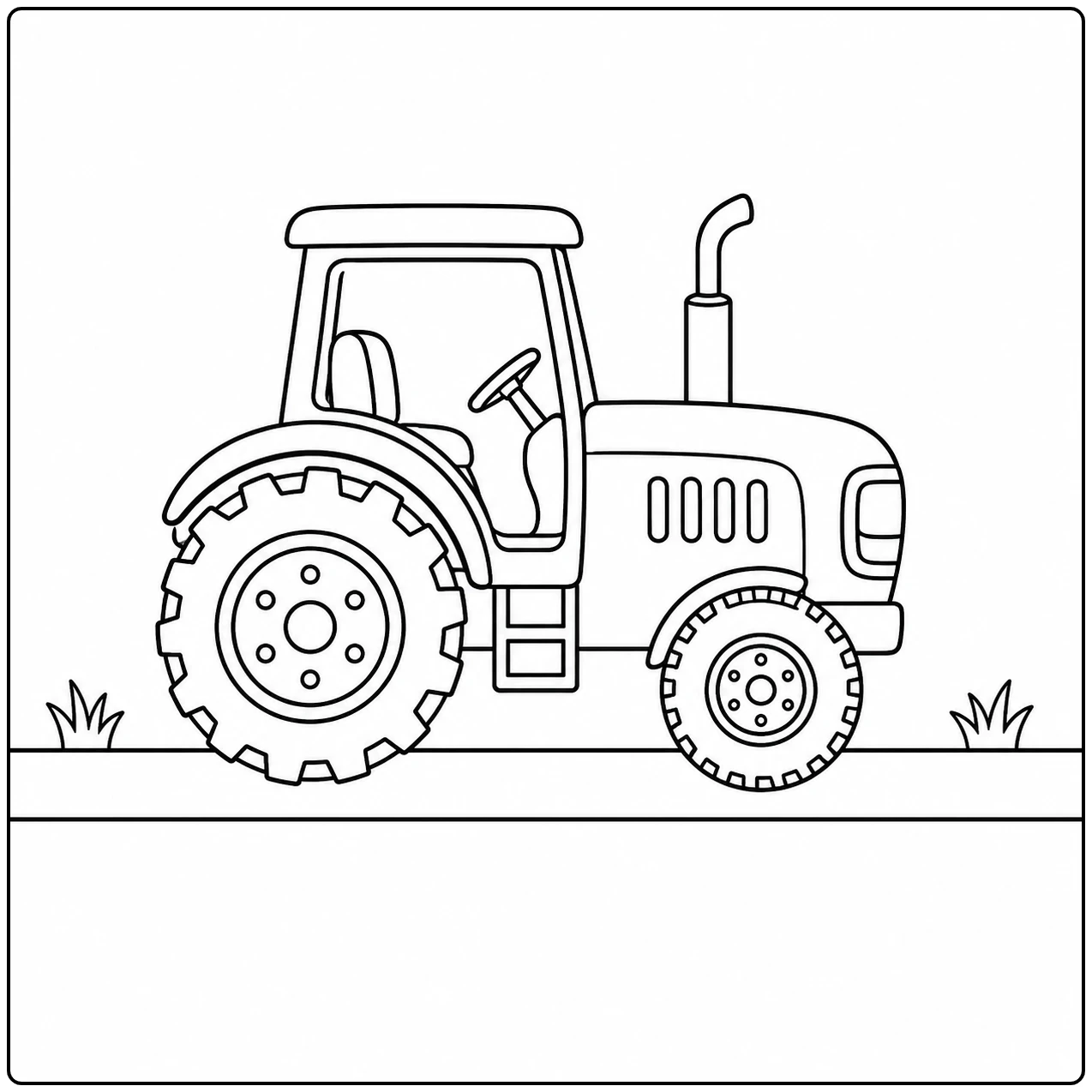 Eenvoudige landbouwtractor naast een rechte grondlijn met kleine grasplukjes rondom de wielen