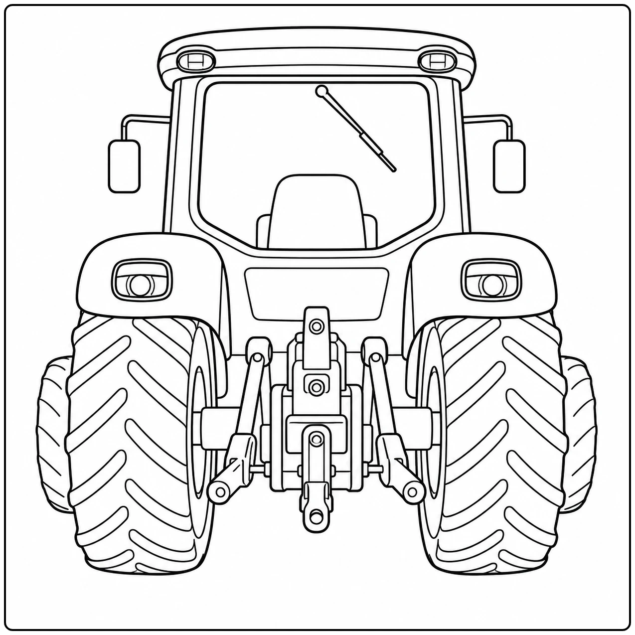 Moderne tractor recht van achteren met grote profielbanden, cabine en duidelijk zichtbaar hefsysteem