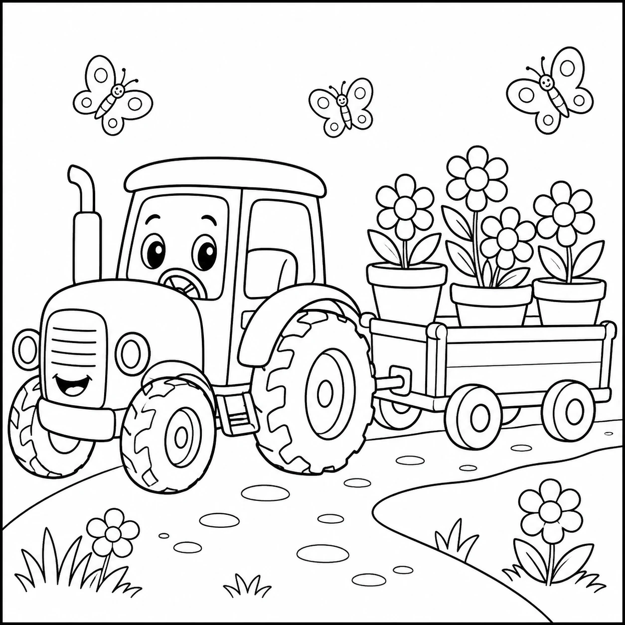 Vrolijke trekker met bloemenkar en vlinders in een groene tuinomgeving