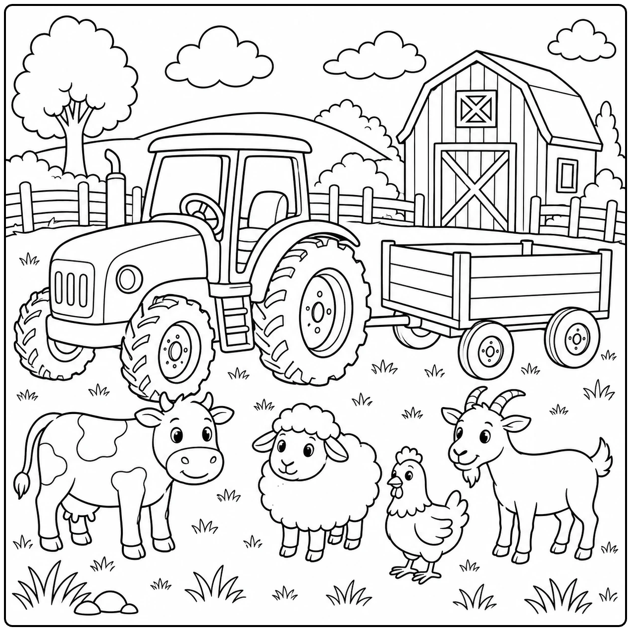 Boerderijtractor met aanhanger en verschillende boerderijdieren in het gras