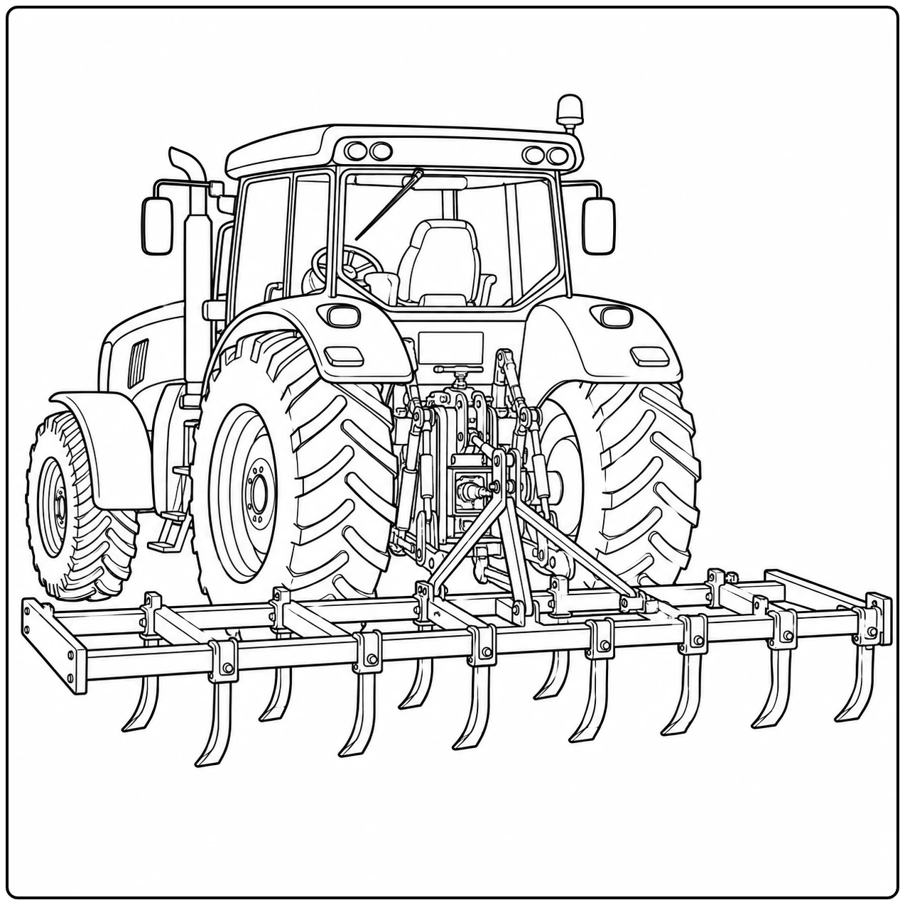Tractor van achteren met brede cultivator en lange tanden in deze Trekker kleurplaat met aanhangers en landbouwwerktuigen