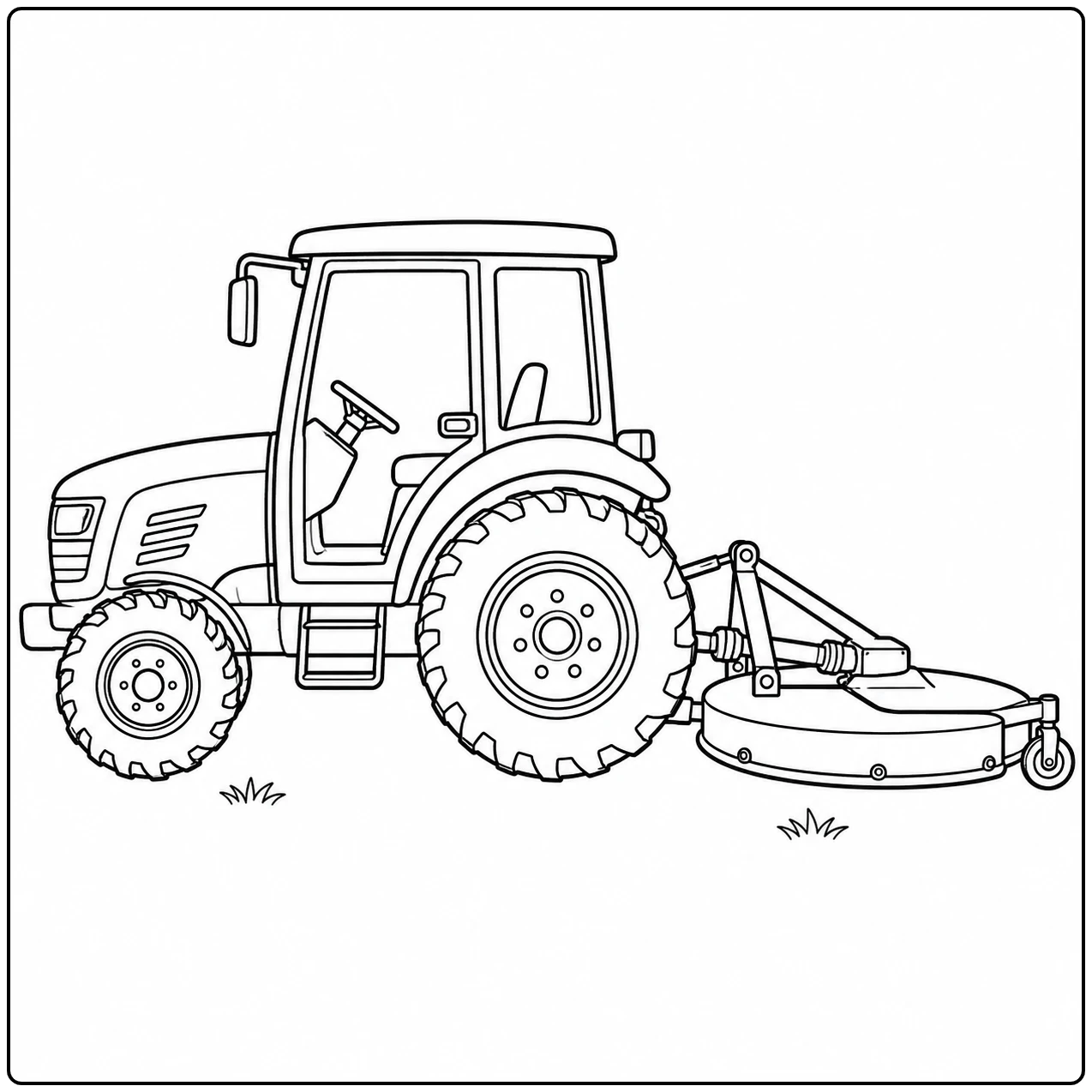 Tractor van opzij trekt een brede cirkelmaaier met platte maaikap dicht achter het voertuig