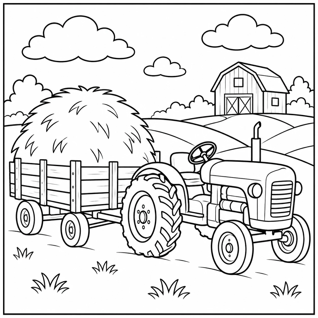 Kleurplaat tractor met aanhanger met een grote hooibaal op een landelijke boerderijweg