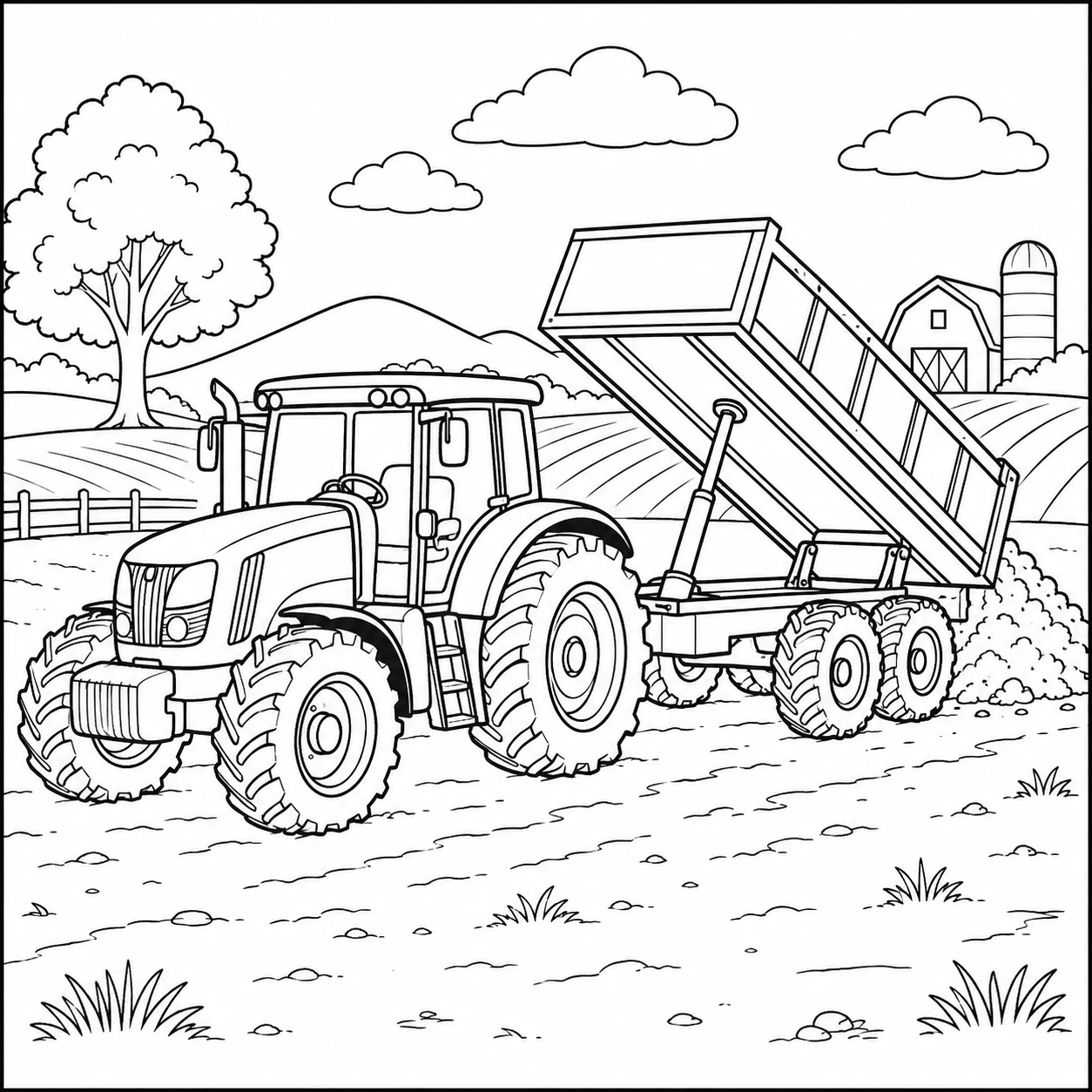 Kleurplaat tractor met aanhanger met kiepwagen tijdens werkzaamheden op het veld