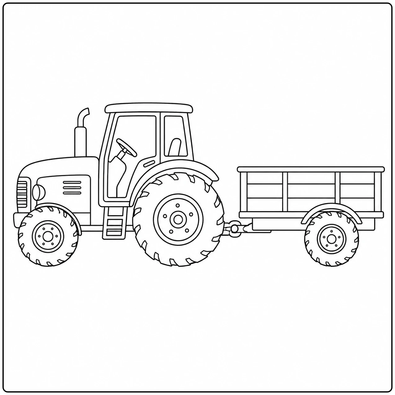 Open landbouwwagen achter een tractor maakt deze Trekker kleurplaat met aanhangers en landbouwwerktuigen compleet
