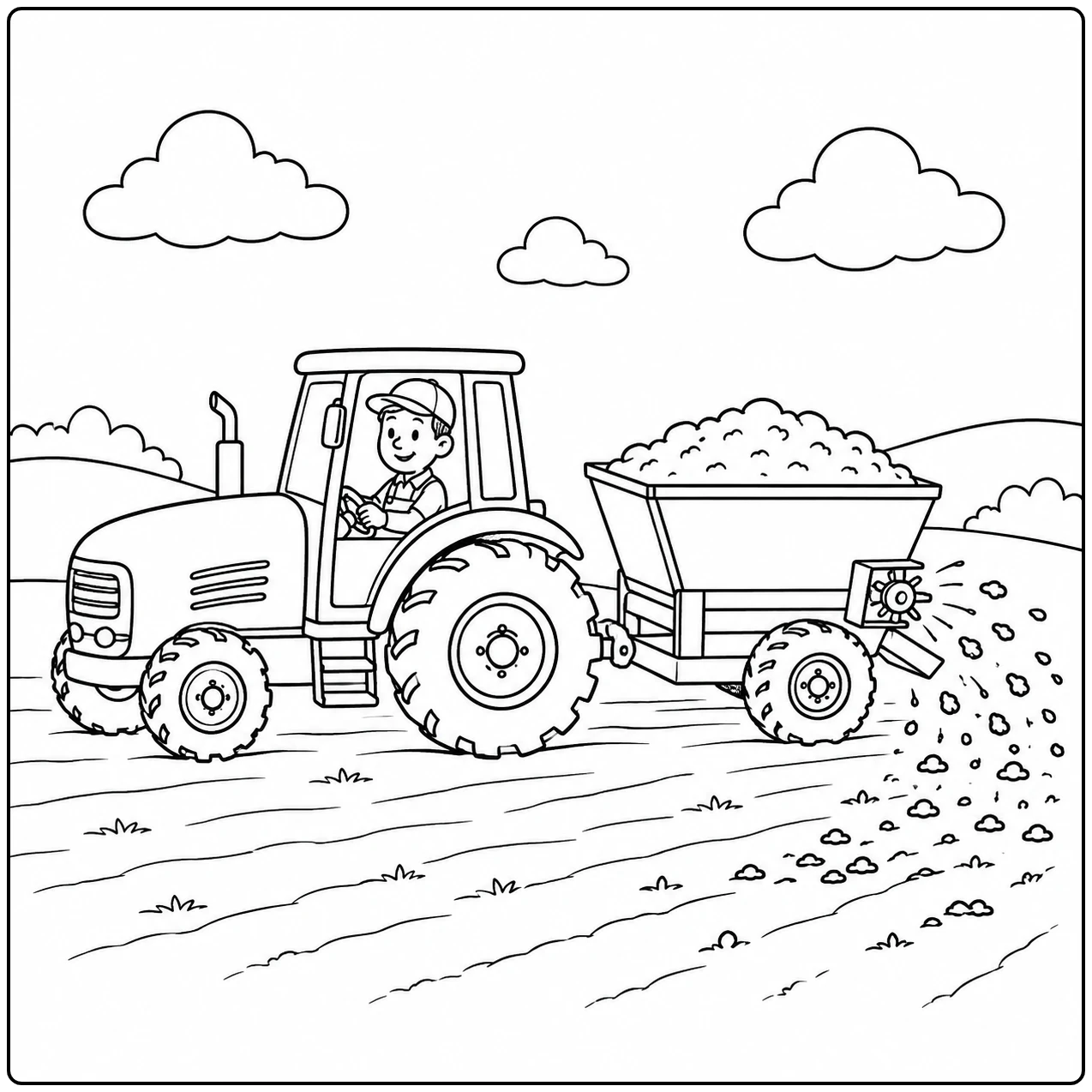 Tractor met volle aanhanger verspreidt lading over de akker in deze Werkende trekker kleurplaat