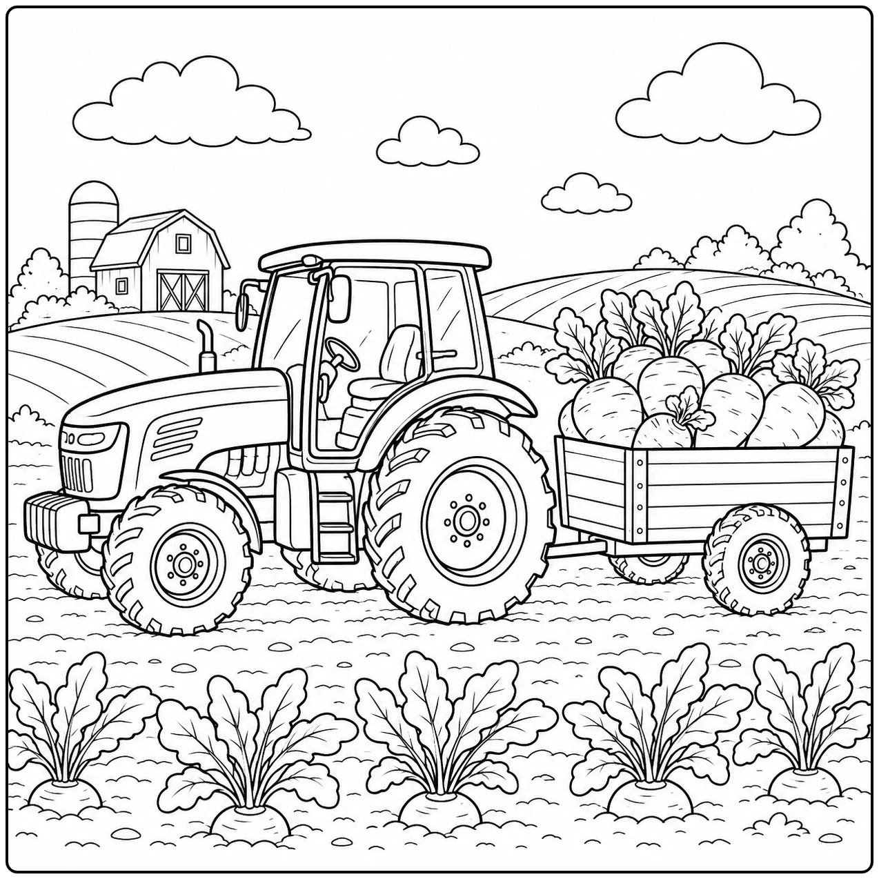 Oogsttrekker kleurplaat met tractor en volle groentewagen tussen nette akkerrijen bij een boerderij