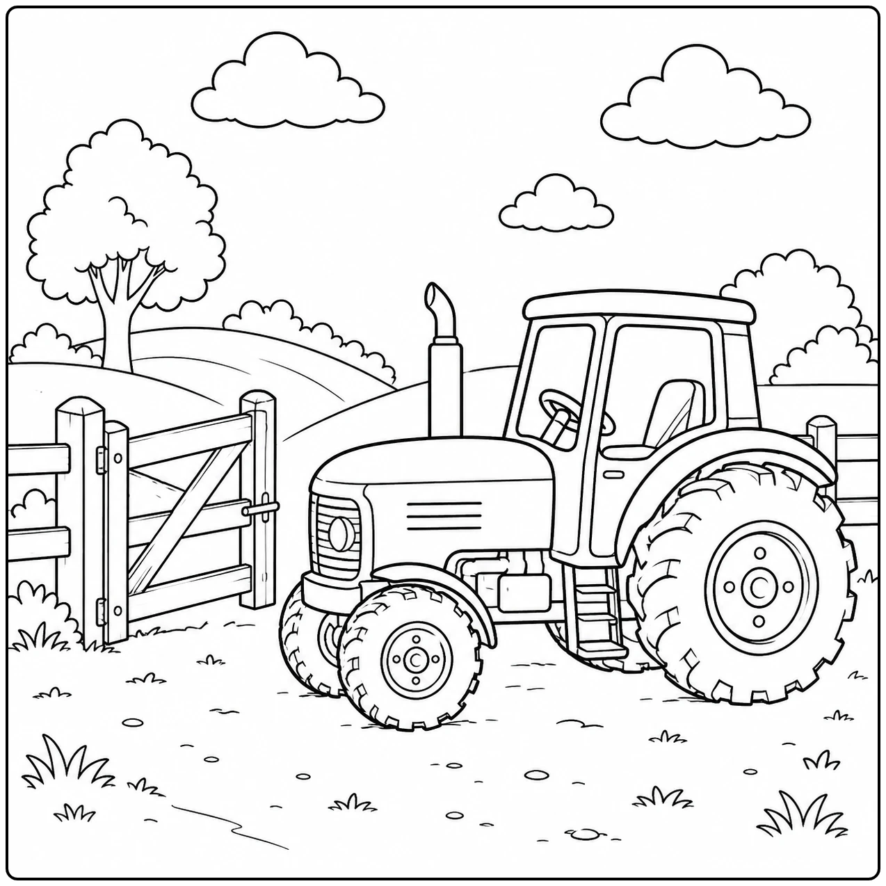 Landbouwtractor naast een houten poort met heuvels, struiken en wolken in het landelijke landschap