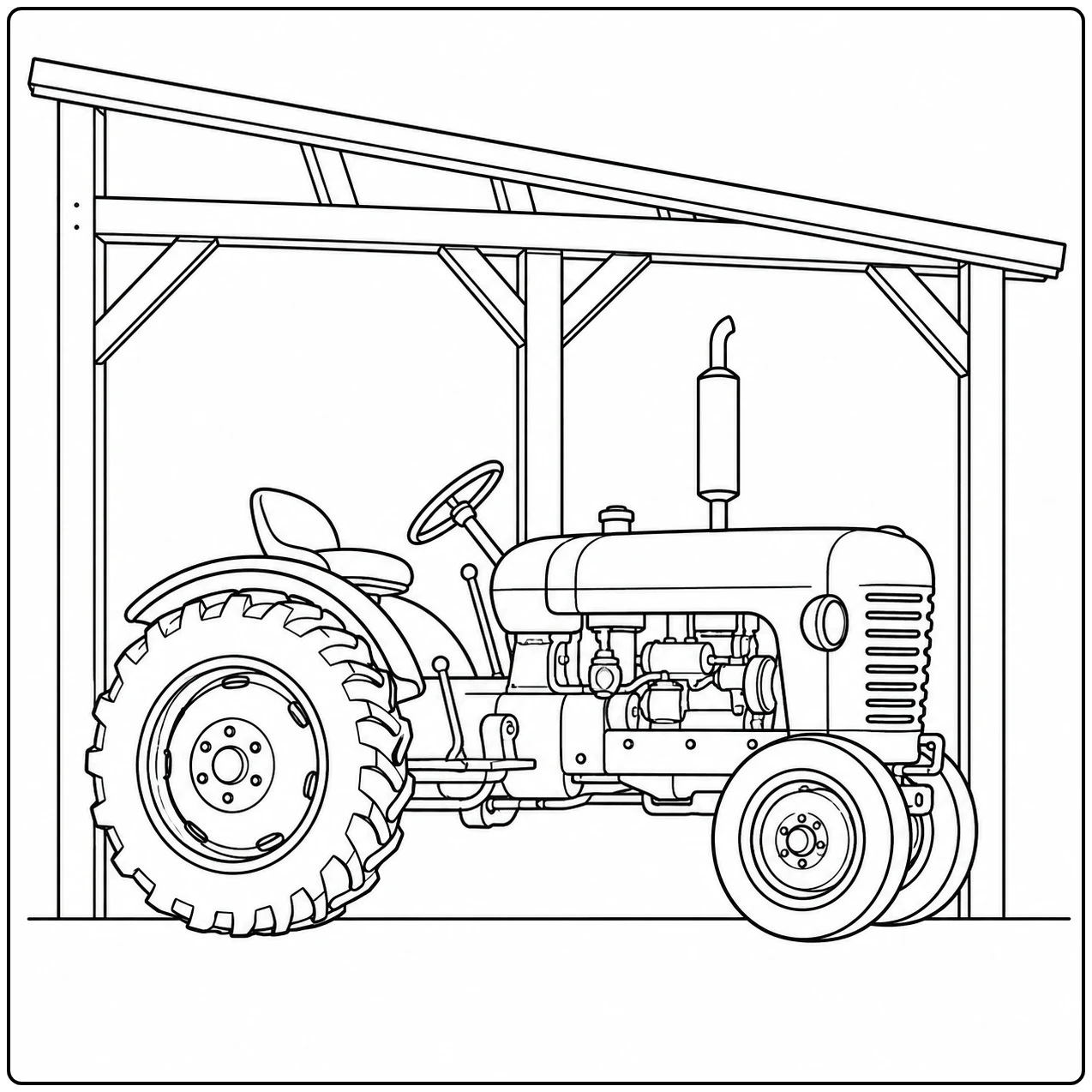 Klassieke tractor onder een eenvoudige houten overkapping als Klassieke en moderne trekker kleurplaat