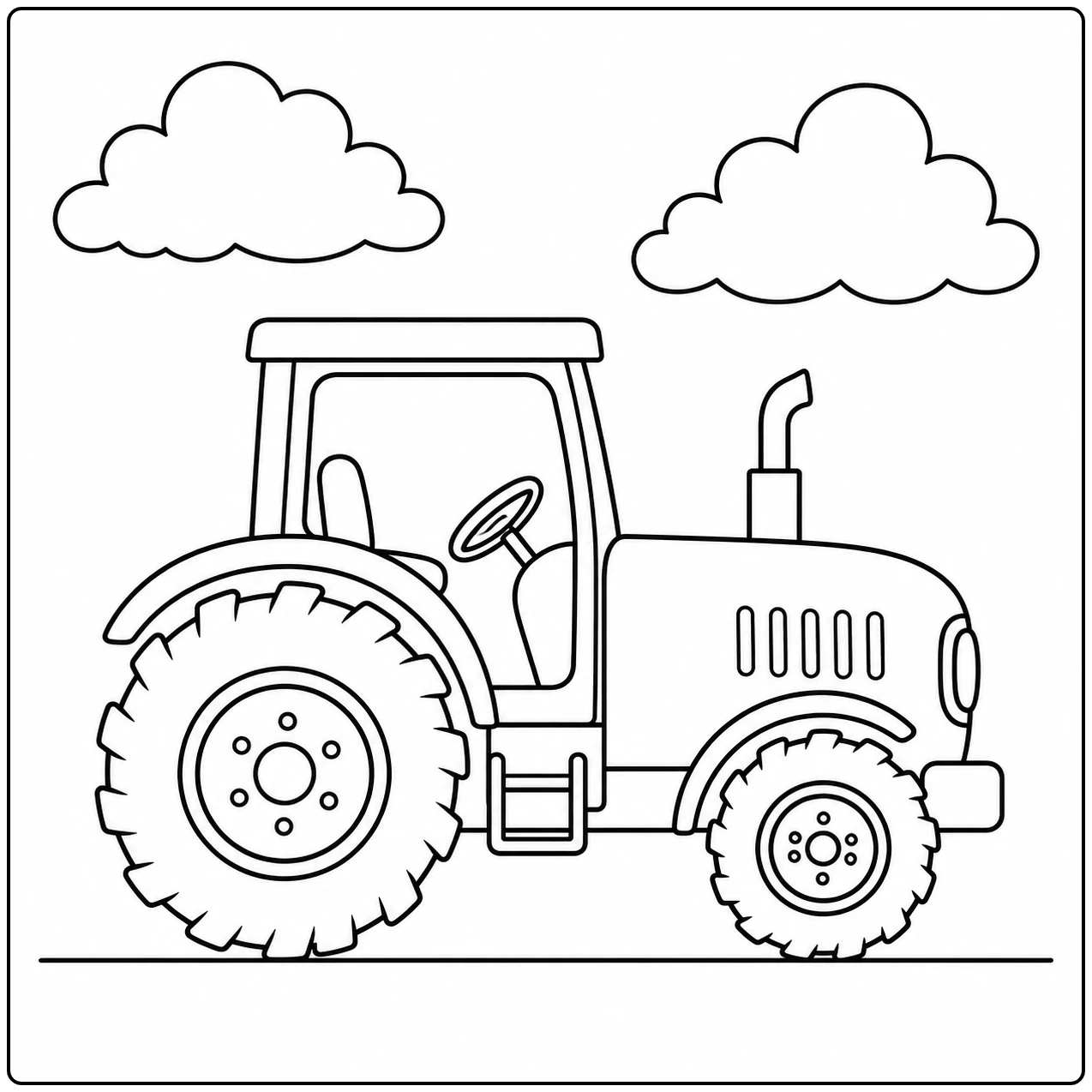 Makkelijke trekker kleurplaat met cabine, twee wolken en een eenvoudige horizontale grondlijn