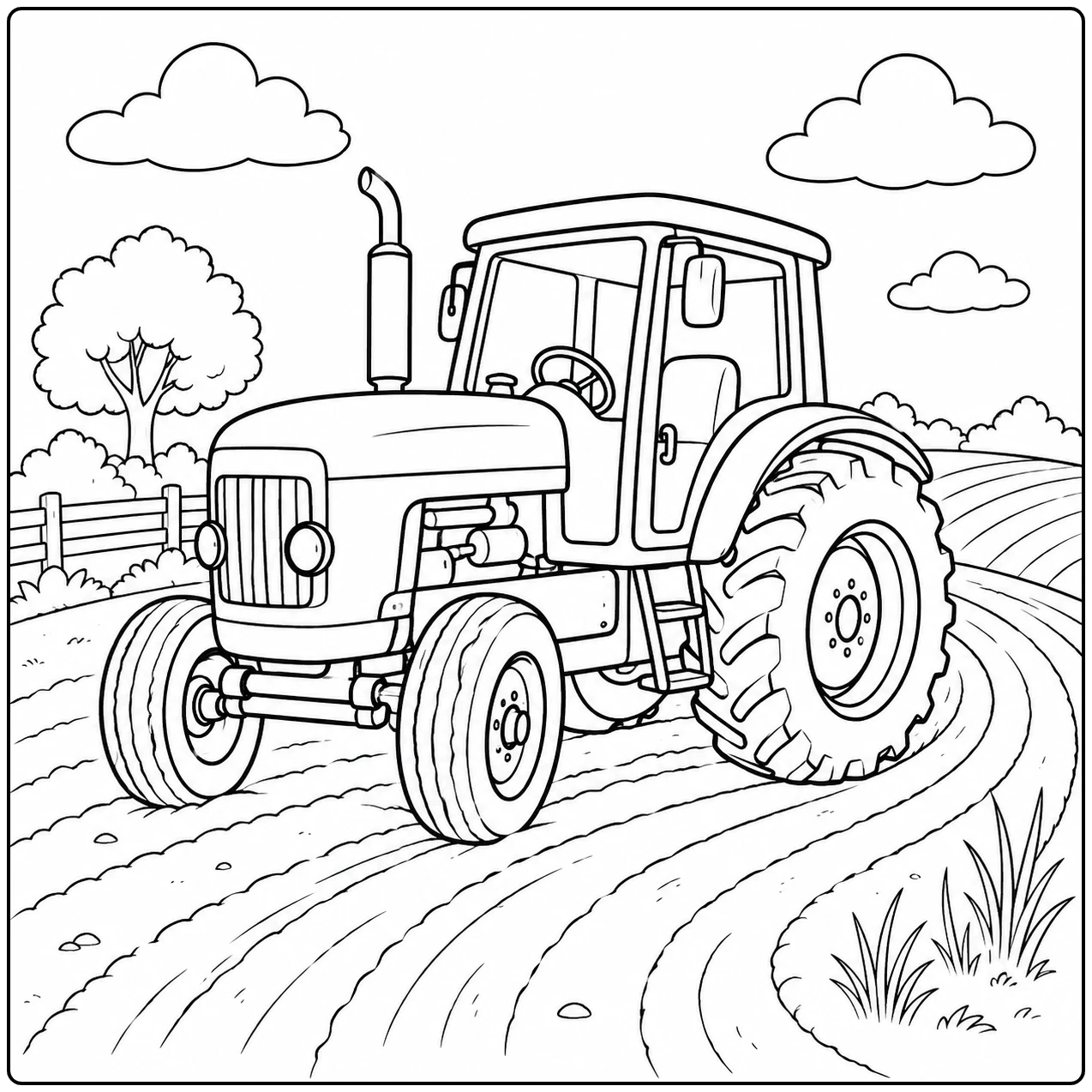 Stevige tractor rijdt schuin naar voren over gebogen voren met een boom en hek op de achtergrond