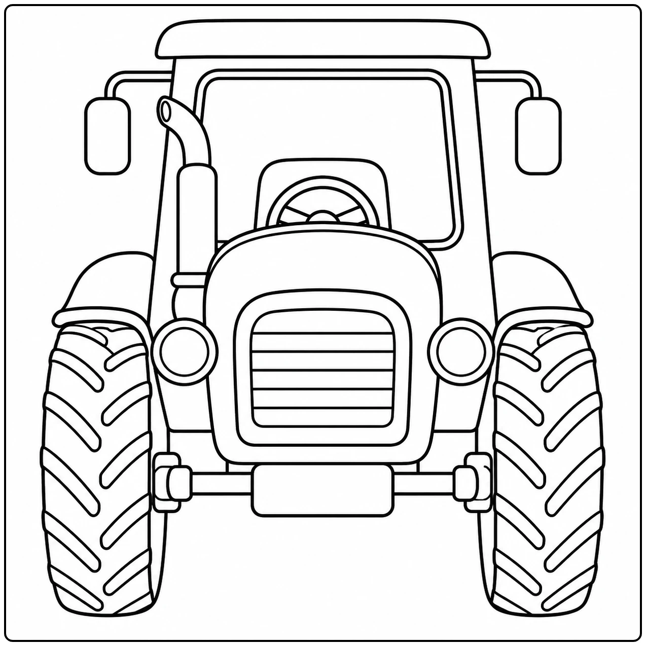 Tractor recht van voren met brede banden, gesloten cabine en duidelijk zichtbaar stuur