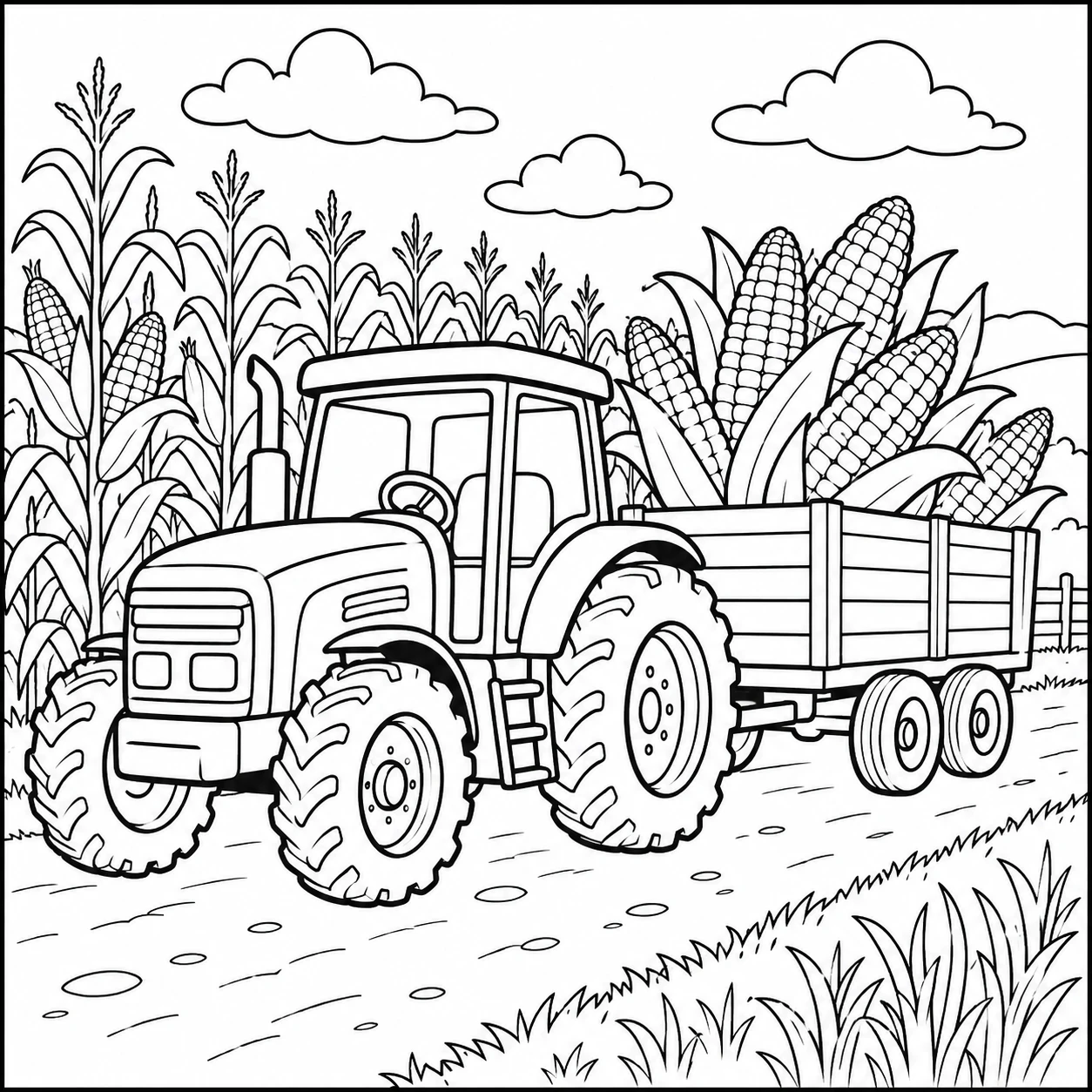 Landbouwtractor met aanhanger vol maïs tijdens de oogst op het veld