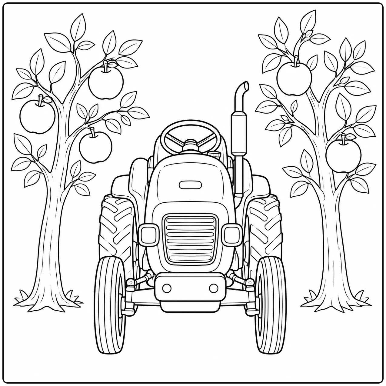 Tractor recht van voren tussen twee fruitbomen met ronde vruchten en bladeren aan de takken